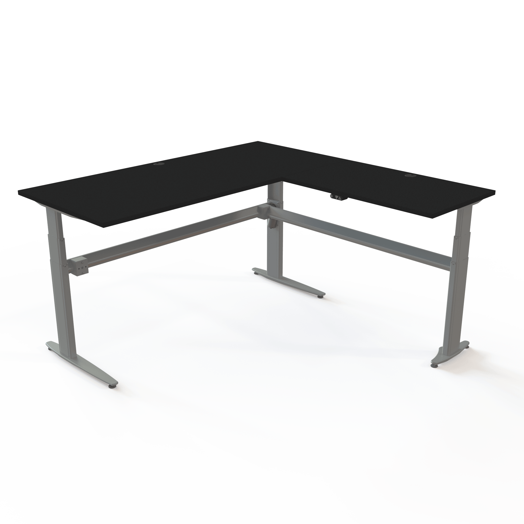 Height-adjustable corner desk with a black tabletop and silver base. The size is 180x180. The height is 68-120cm and the table lifts 100kg.