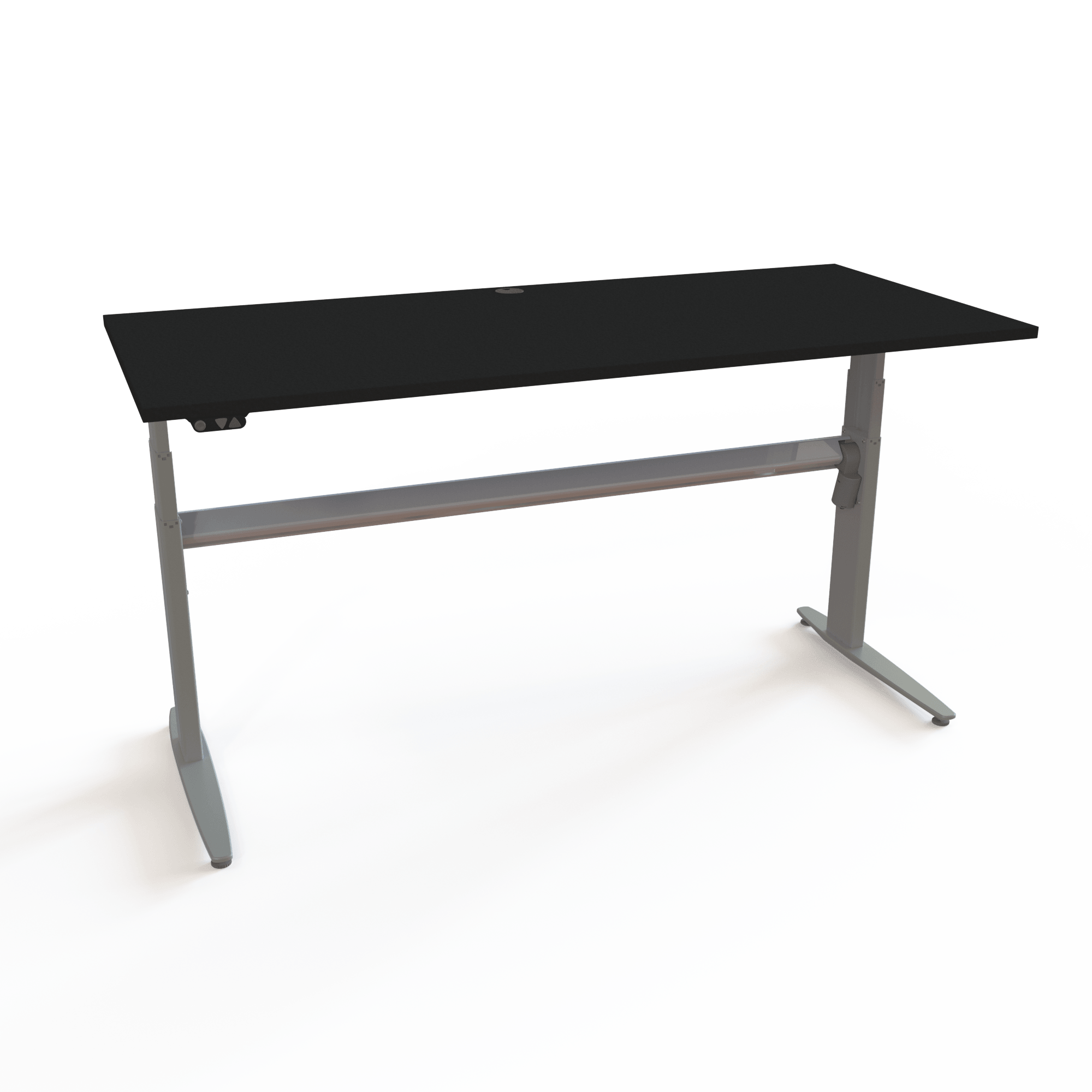 Sit-stand table with 2-button control, with a black tabletop and silver base. The size is 180x80. The height is 68-120cm and the table lifts 120kg.