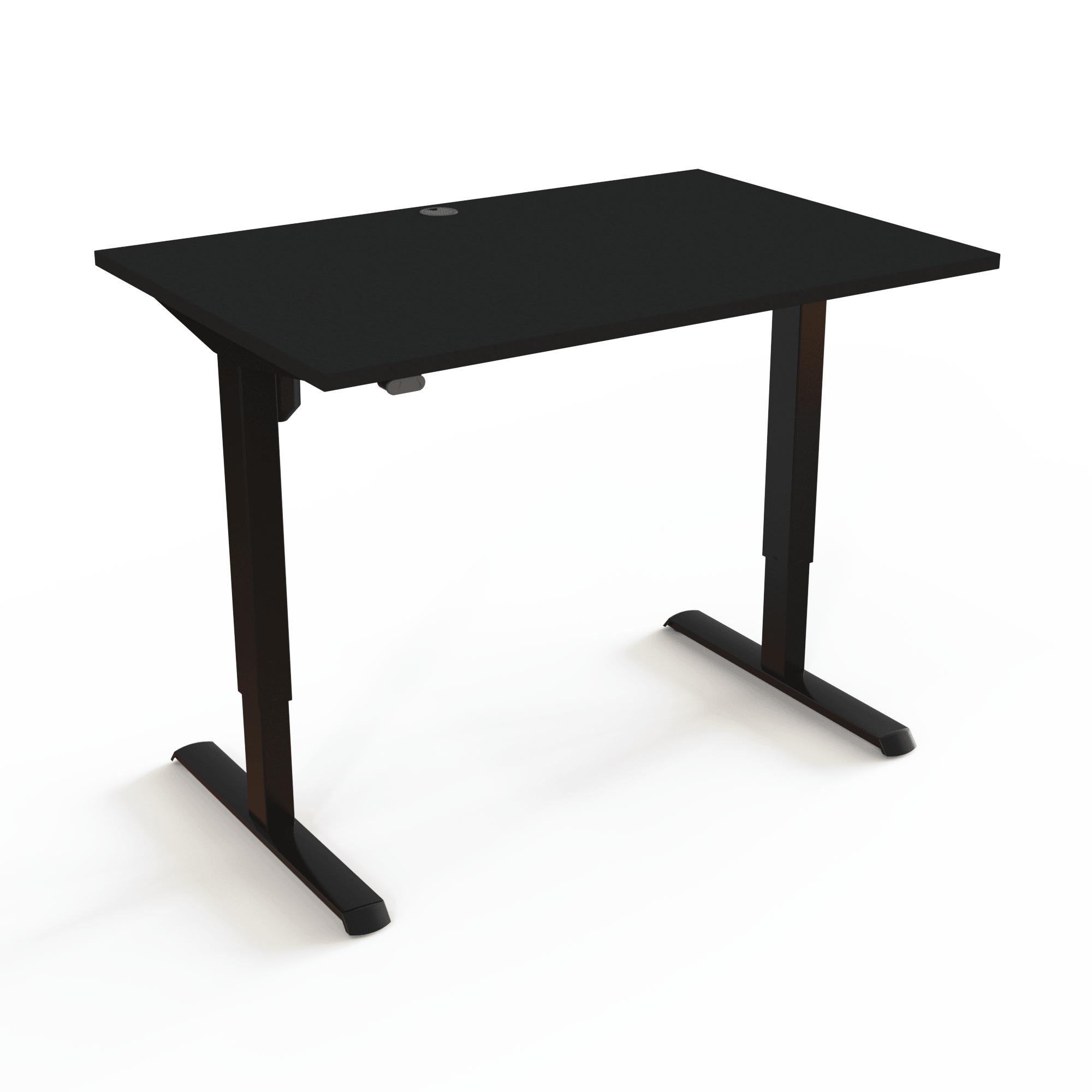 Height-adjustable desk without complicated electronics, with a black tabletop and black base. The size is 120x80. The height is 68-118cm and the table lifts 80kg.