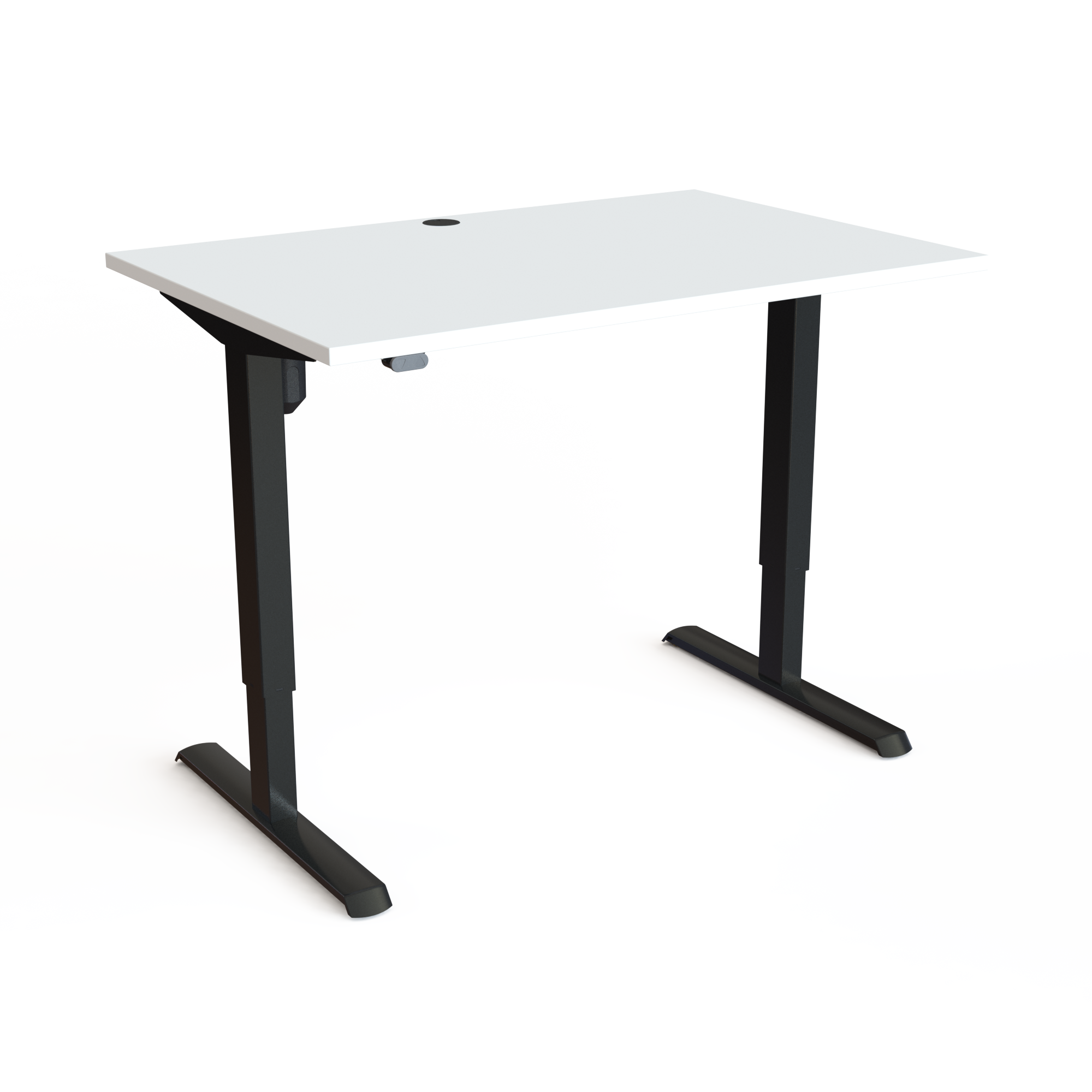 Completed ergonomic desk setup with ConSet desk frame and tabletop, black frame and white top
