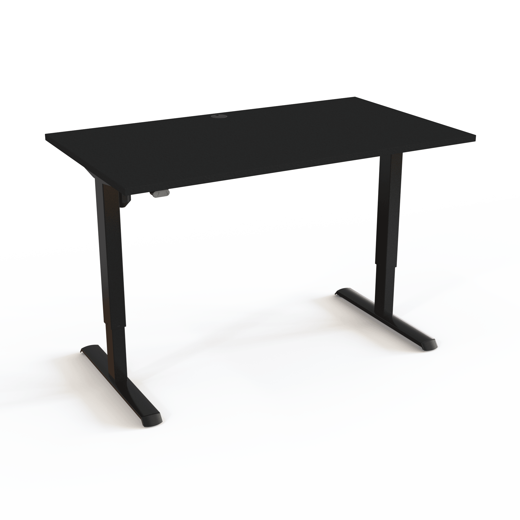 Desk tested by TÜV, with a black tabletop and black base. The size is 140x80. The height is 68-118cm and the table lifts 80kg.