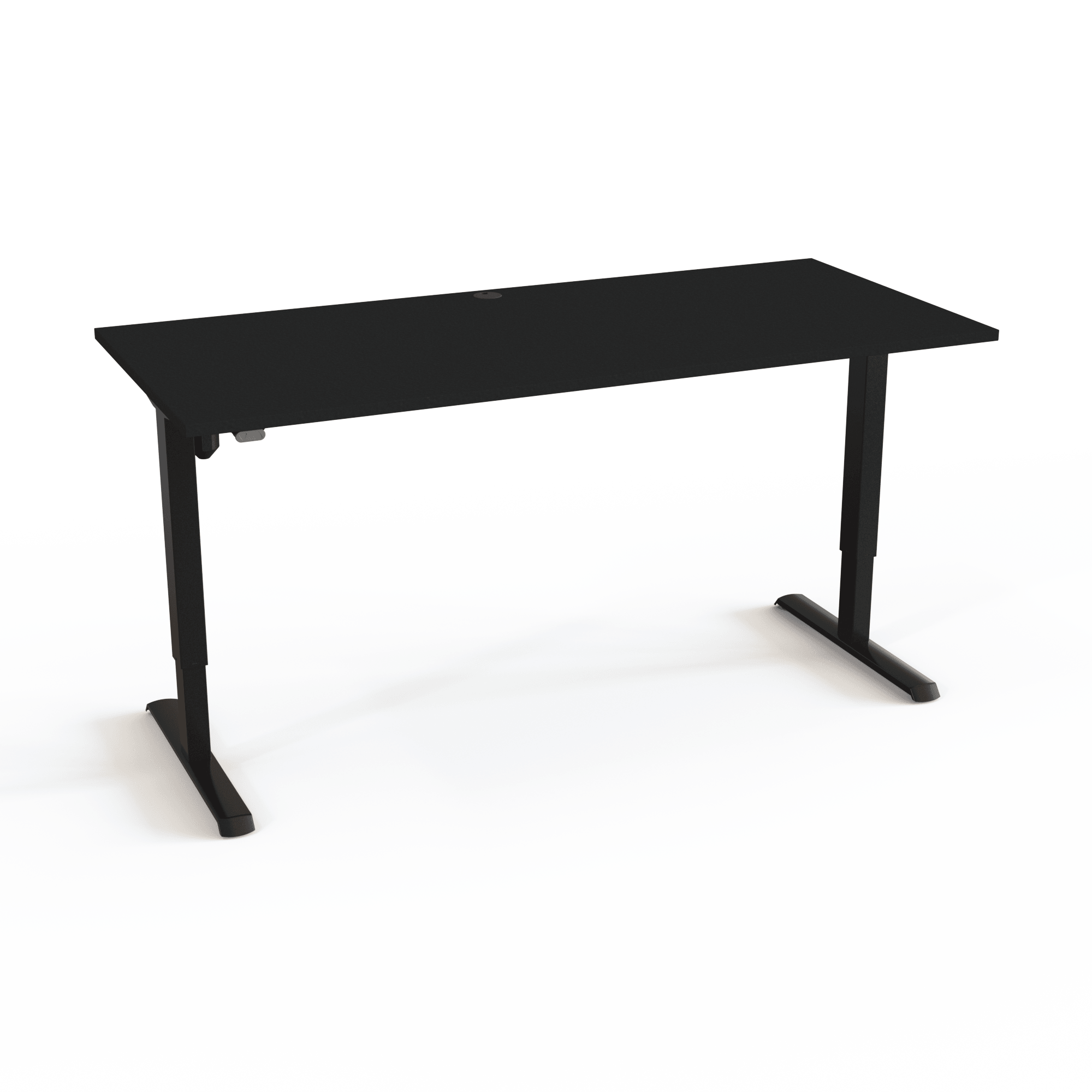 Height-adjustable desk without complicated electronics, with a black tabletop and black base. The size is 180x80. The height is 68-118cm and the table lifts 80kg.