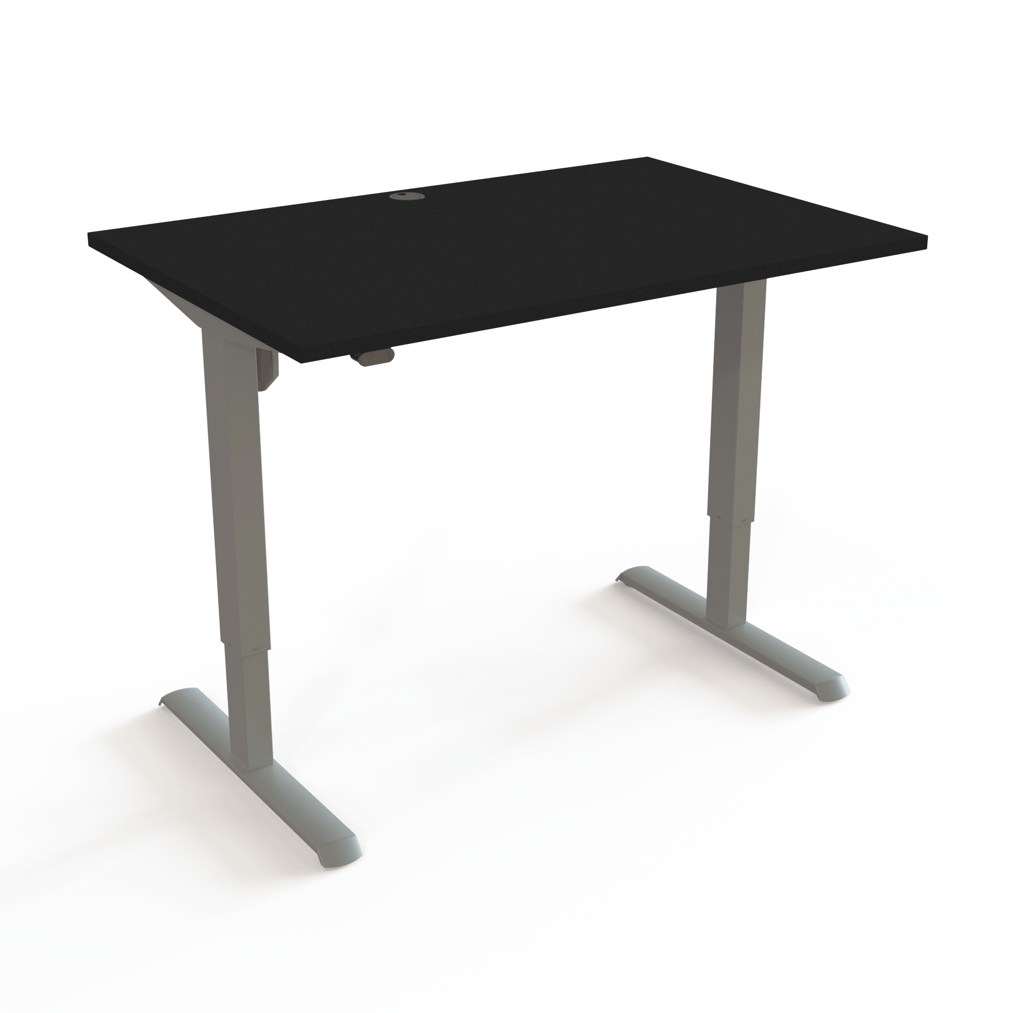 Height-adjustable desk with mechanical synchronization, with a black tabletop and silver base. The size is 120x80. The height is 68-118cm and the table lifts 80kg.
