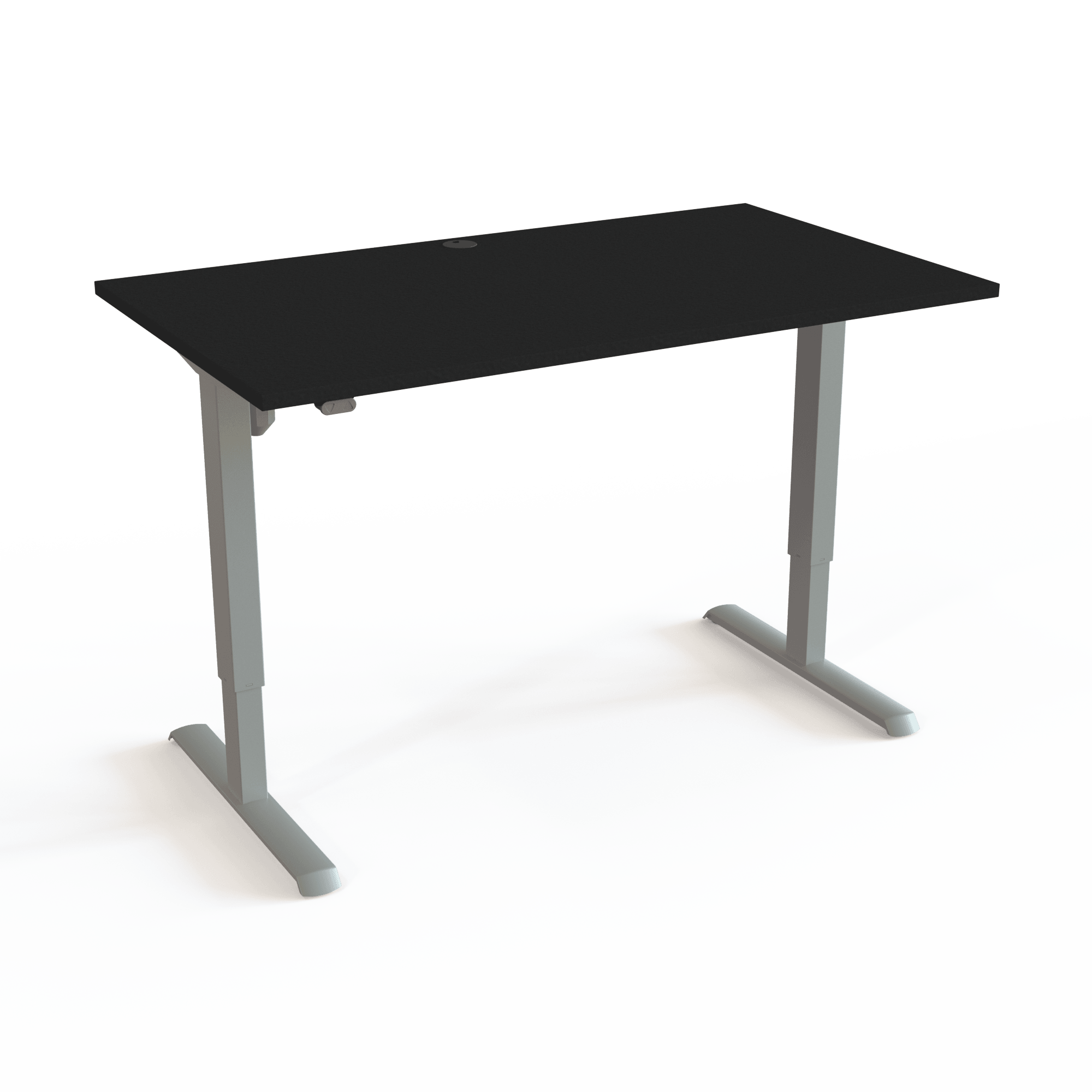 Sit-stand table with low CO2 emissions at a fair price, with a black tabletop and silver base. The size is 140x80. The height is 68-118cm and the table lifts 80kg.