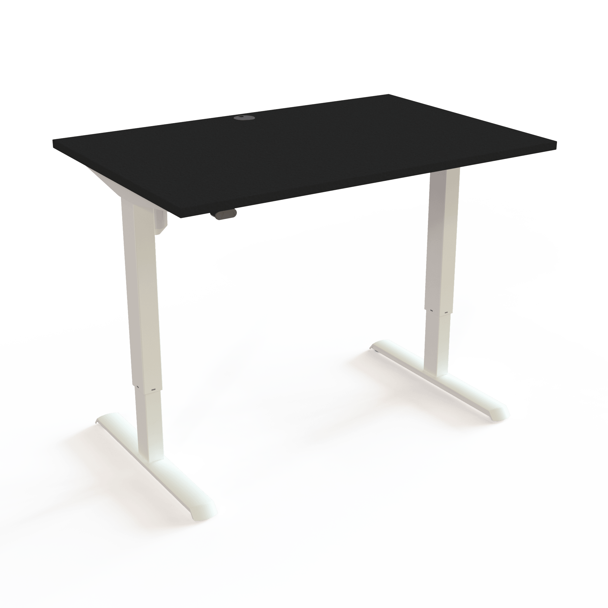 Height-adjustable desk assembled in 15 minutes, with a black tabletop and white base. The size is 120x80. The height is 68-118cm and the table lifts 80kg.
