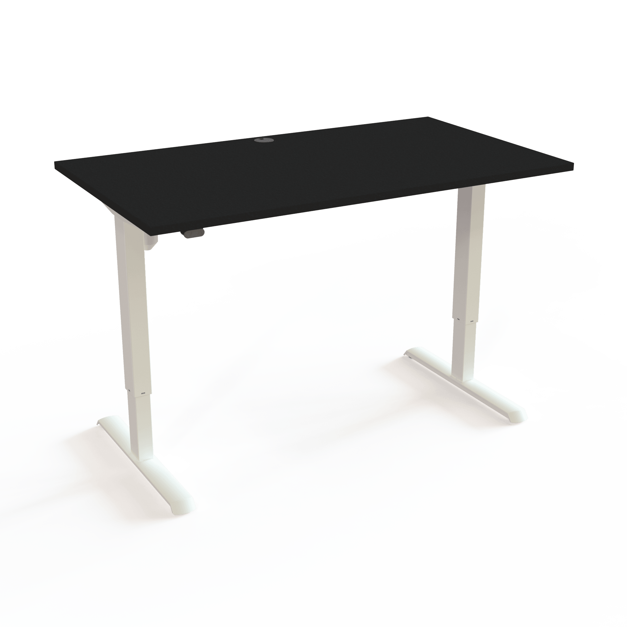 Sit-stand table with low CO2 emissions at a fair price, with a black tabletop and white base. The size is 140x80. The height is 68-118cm and the table lifts 80kg.