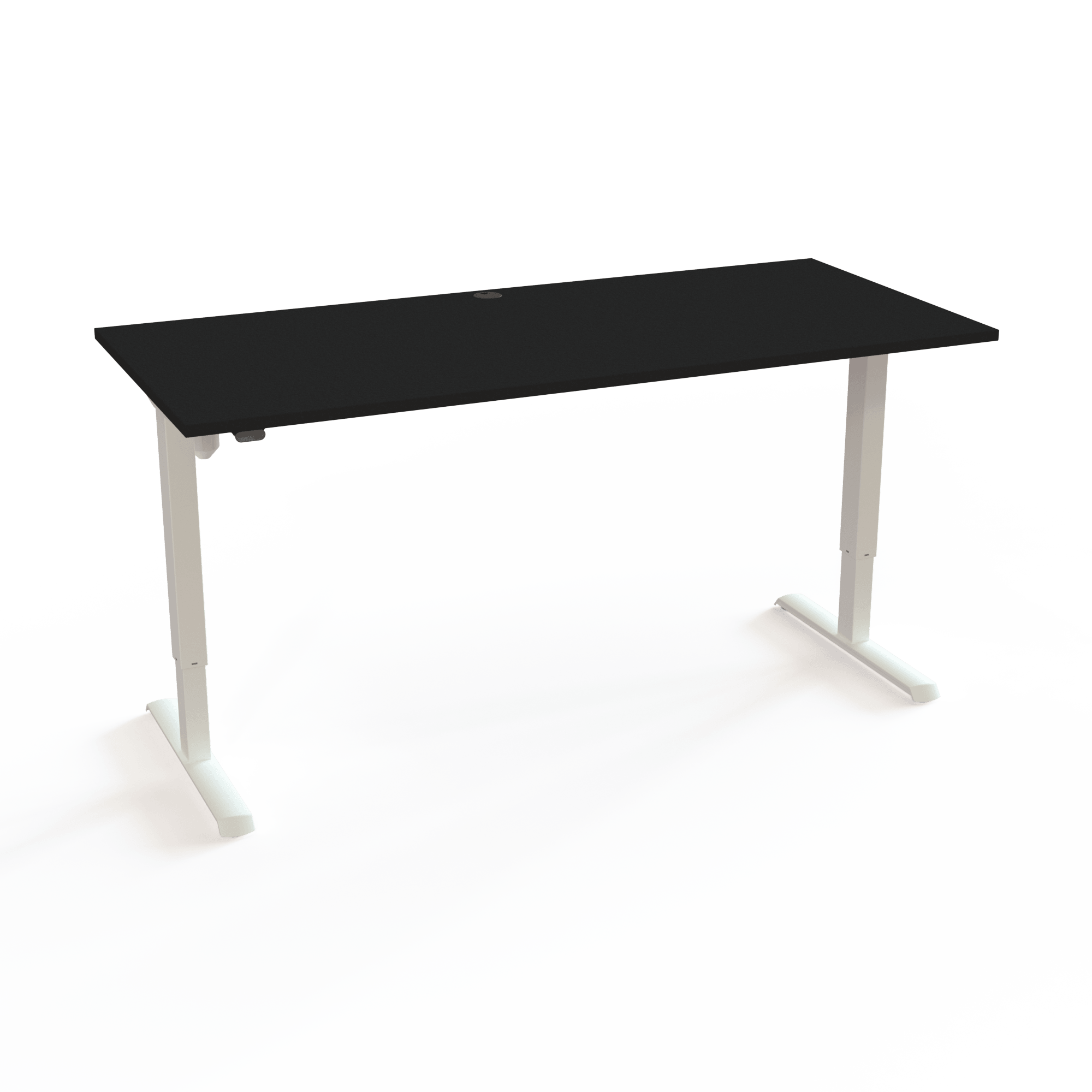 Height-adjustable desk without complicated electronics, with a black tabletop and white base. The size is 180x80. The height is 68-118cm and the table lifts 80kg.