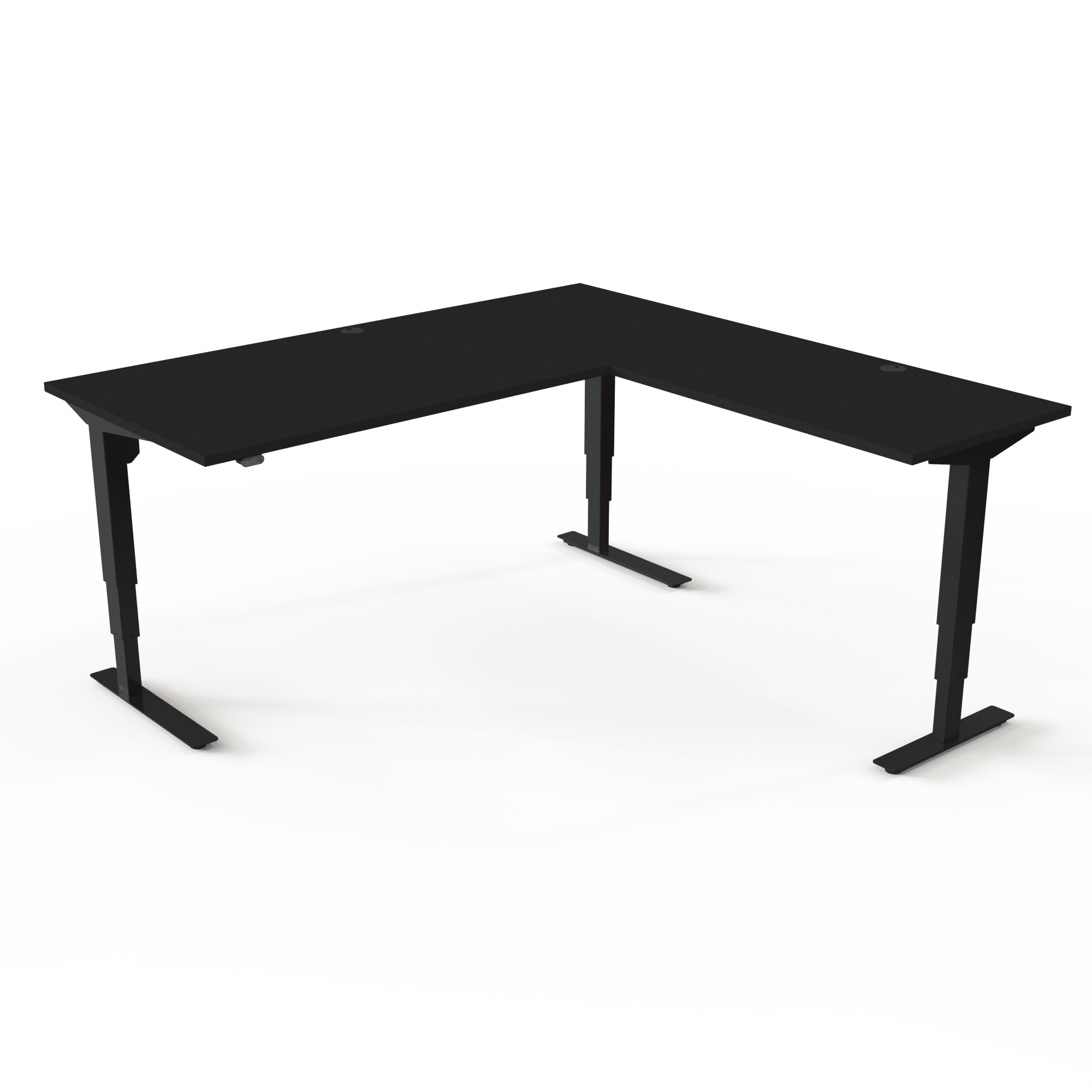 Corner desk with a black tabletop and black base. The size is 180x180. The height is 57-122cm and the table lifts 100kg.