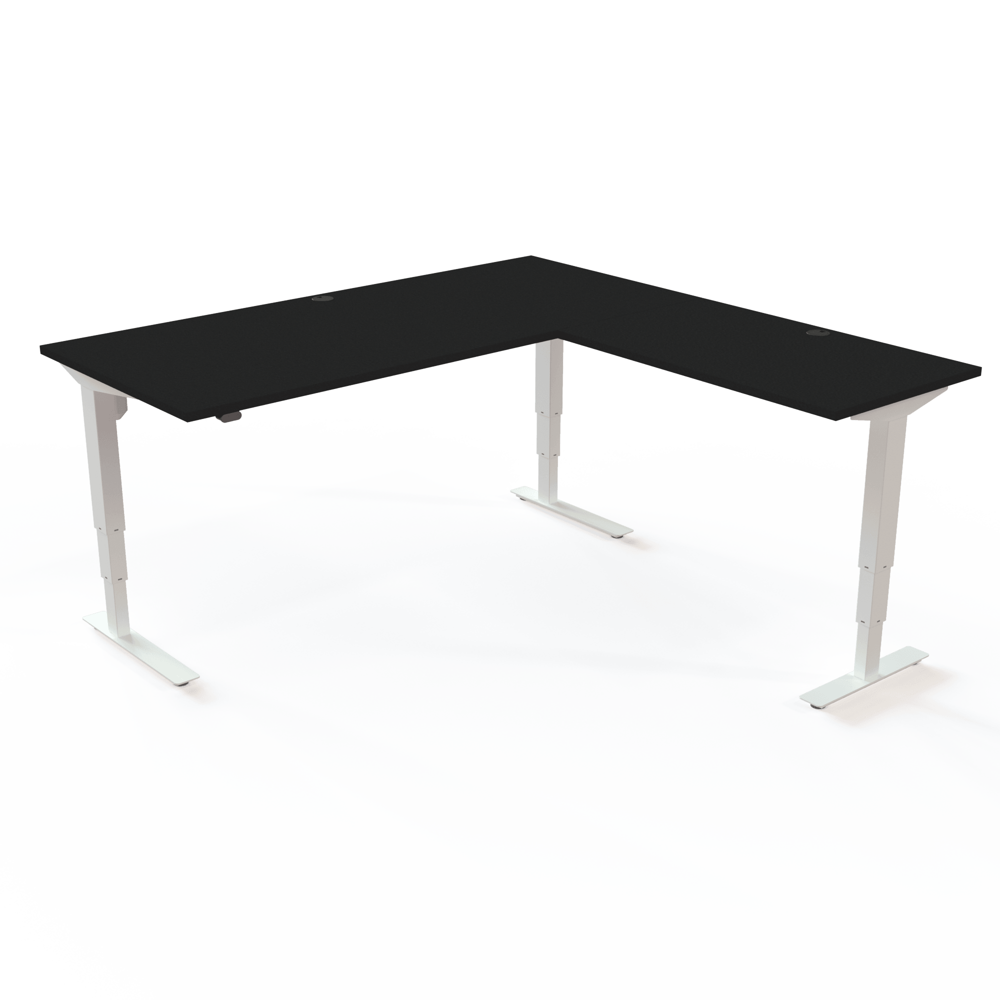 Corner desk with height adjustment, with a black tabletop and white base. The size is 180x180. The height is 57-122cm and the table lifts 100kg.