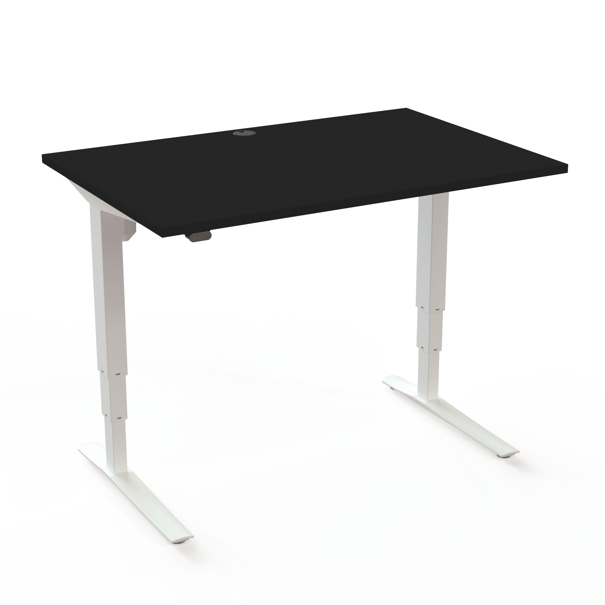 A height-adjustable desk that can be assembled in 17 minutes, with a black tabletop and black base. The size is 120x80. The height is 62-130cm and the table lifts 100kg.