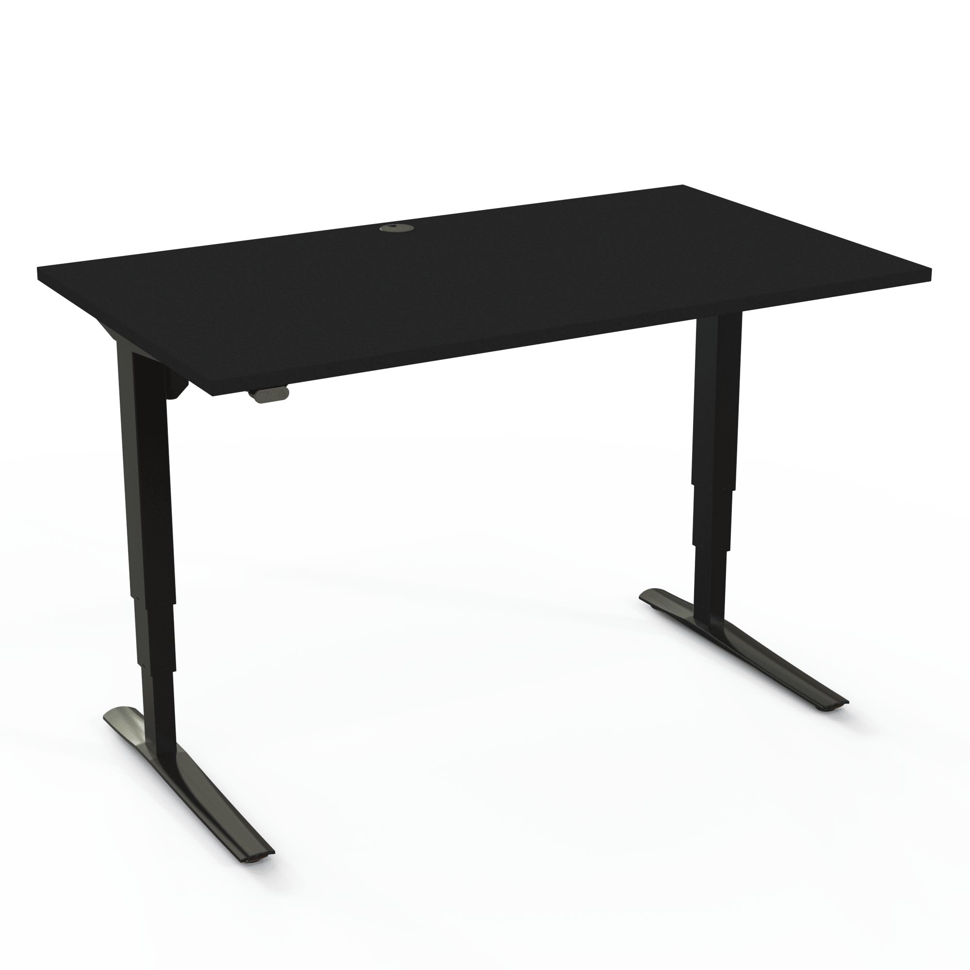 The height-adjustable desk is driven by a motor and has mechanically synchronized legs, with a black tabletop and black base. The size is 140x80. The height is 62-130cm and the table lifts 100kg.