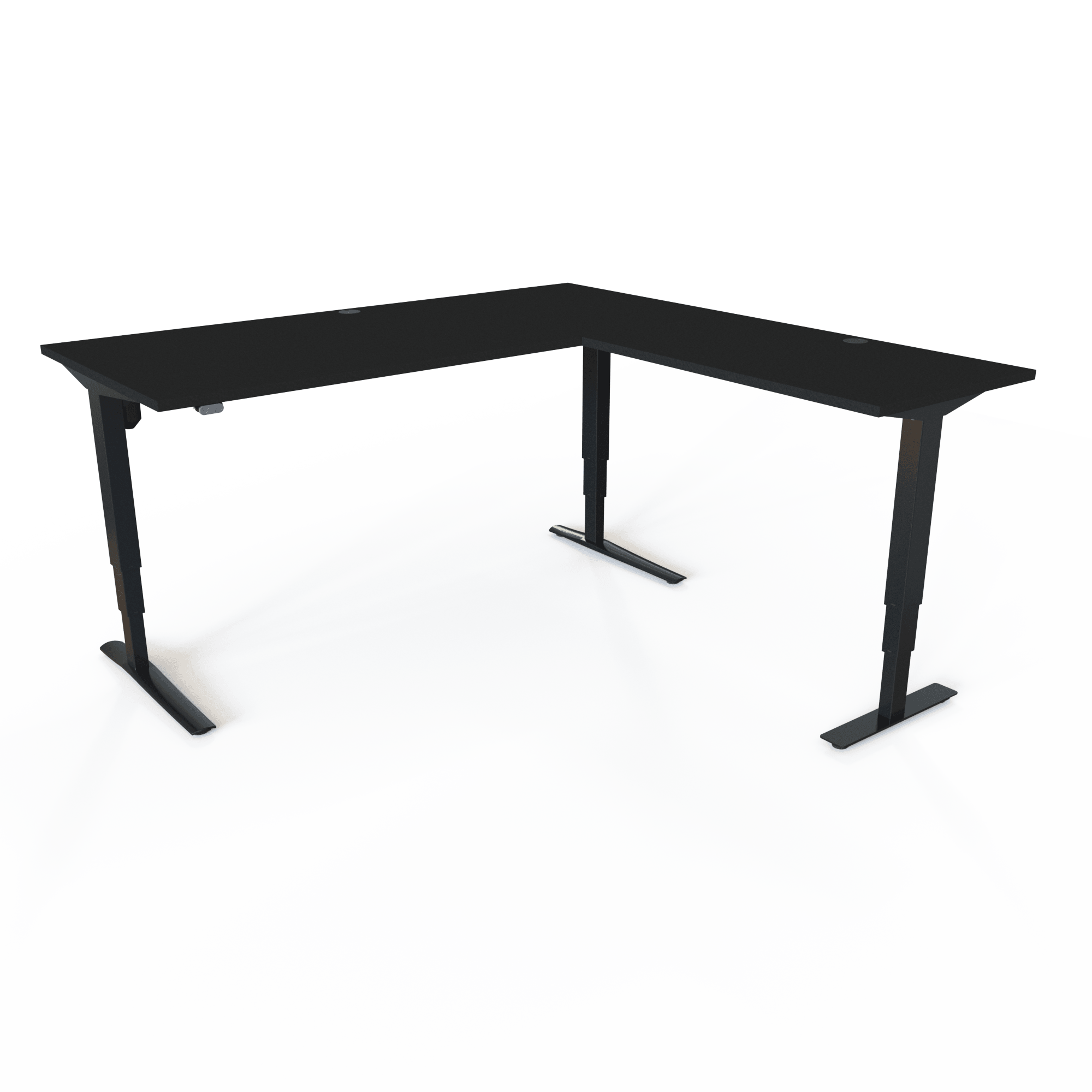 Height-adjustable corner desk with a black tabletop and black base. The size is 180x180. The height is 62-130cm and the table lifts 100kg.