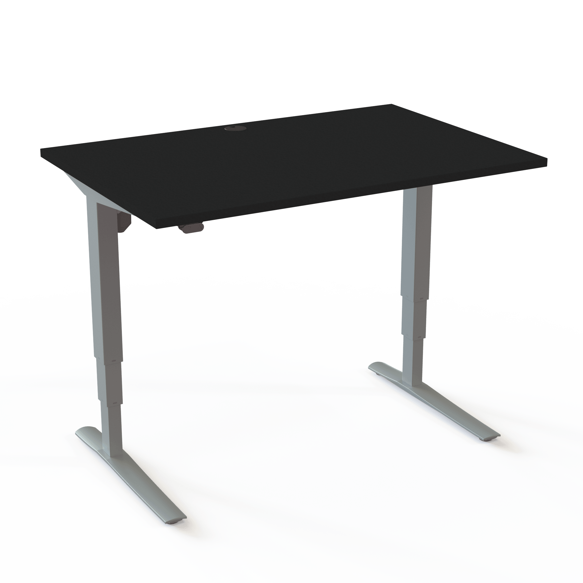 Height-adjustable desk with C-base and recessed columns ensuring maximum legroom, with a black tabletop and silver base. The size is 120x80. The height is 62-130cm and the table lifts 100kg.