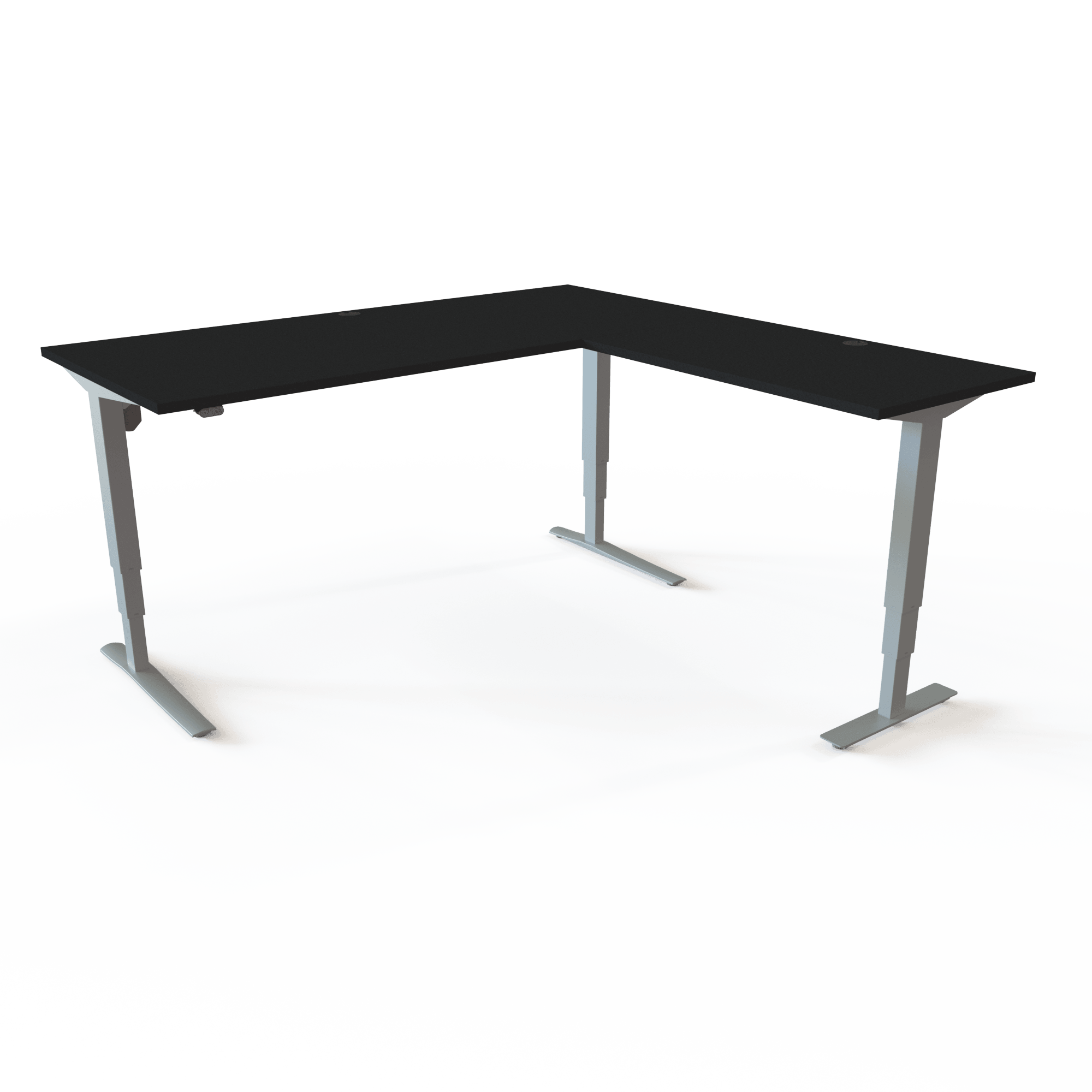 Height-adjustable corner desk with a black tabletop and silver base. The size is 180x180. The height is 62-130cm and the table lifts 100kg.