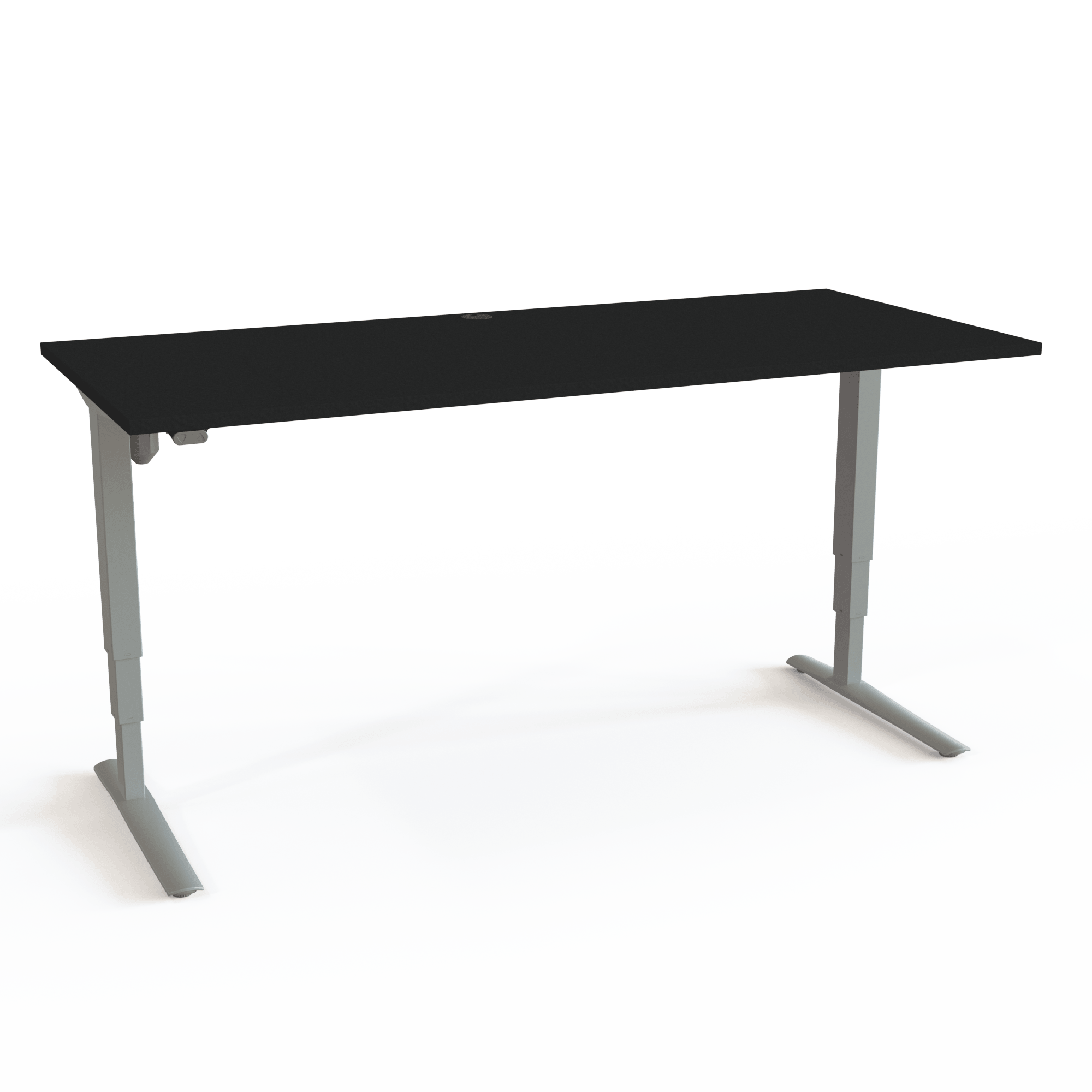 Height-adjustable desk with C-base and recessed columns ensuring maximum legroom, with a black tabletop and silver base. The size is 180x80. The height is 62-130cm and the table lifts 100kg.