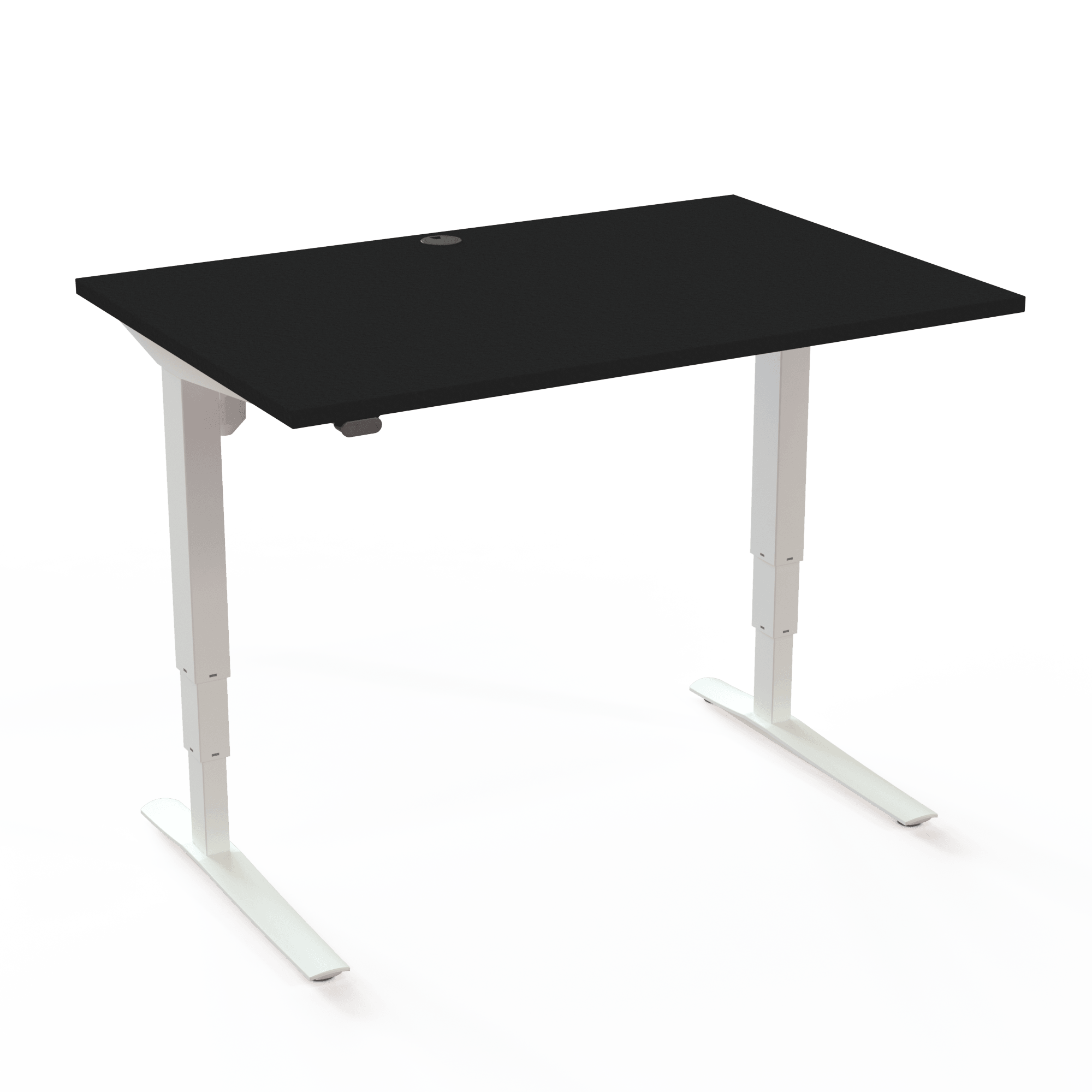 Height-adjustable desk with a great lifting capacity and an impressively high travel, with a black tabletop and white base. The size is 120x80. The height is 62-130cm and the table lifts 100kg.