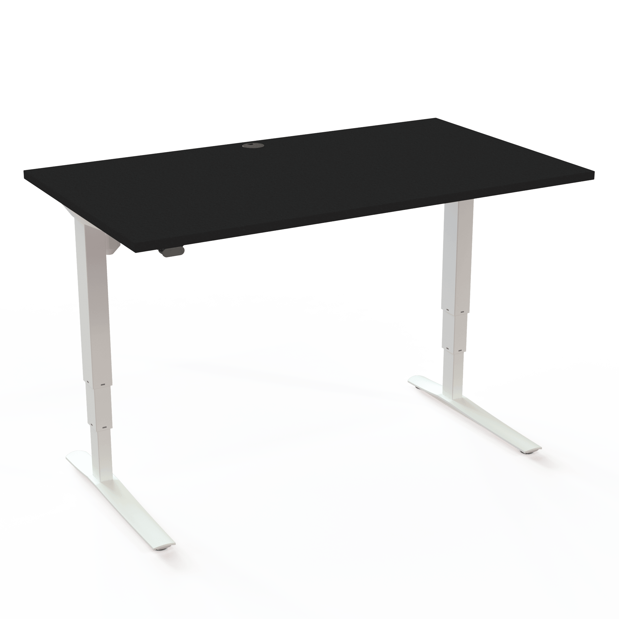 Height-adjustable desk with a great lifting capacity and an impressively high travel, with a black tabletop and white base. The size is 140x80. The height is 62-130cm and the table lifts 100kg.