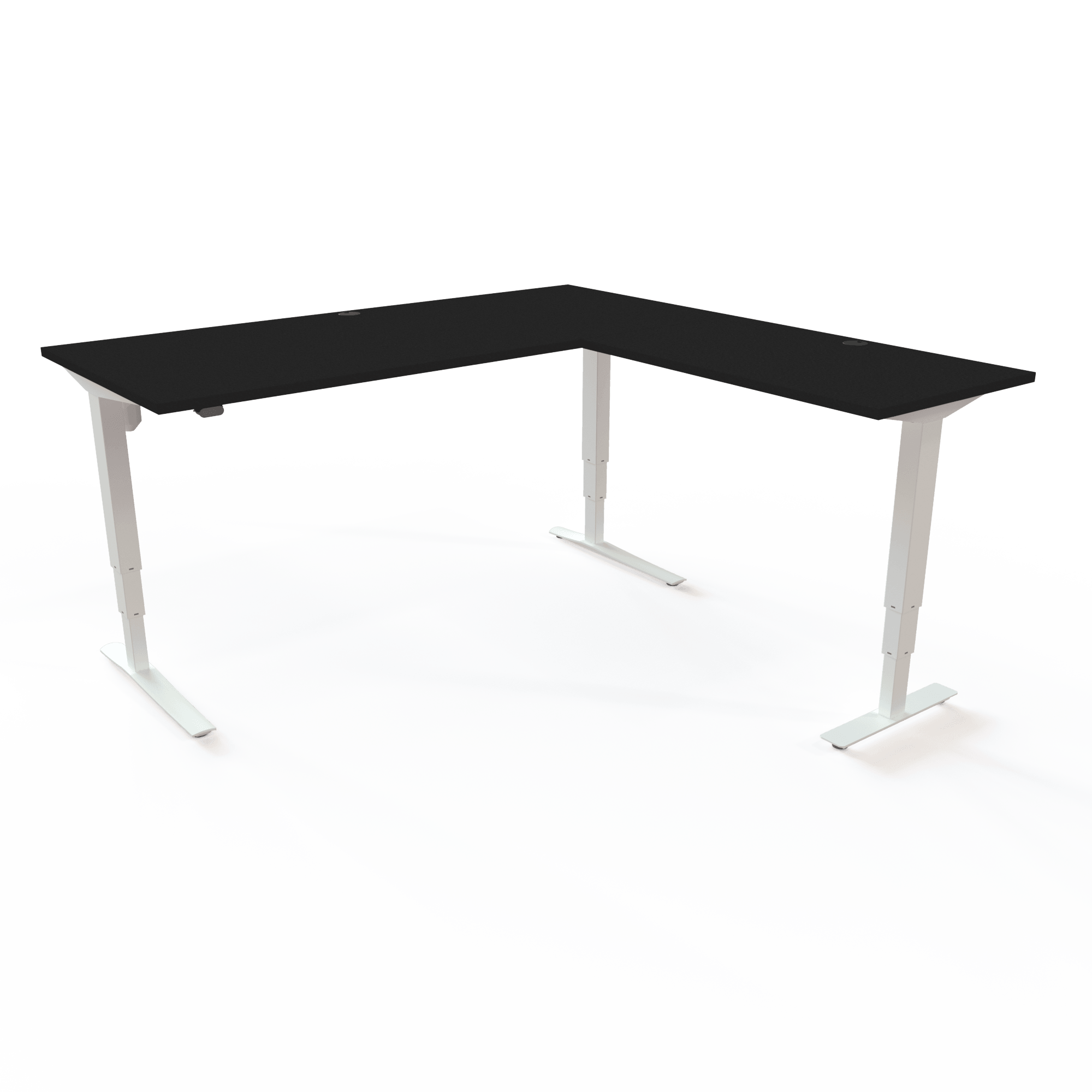 Height-adjustable corner desk with a black tabletop and white base. The size is 180x180. The height is 62-130cm and the table lifts 100kg.
