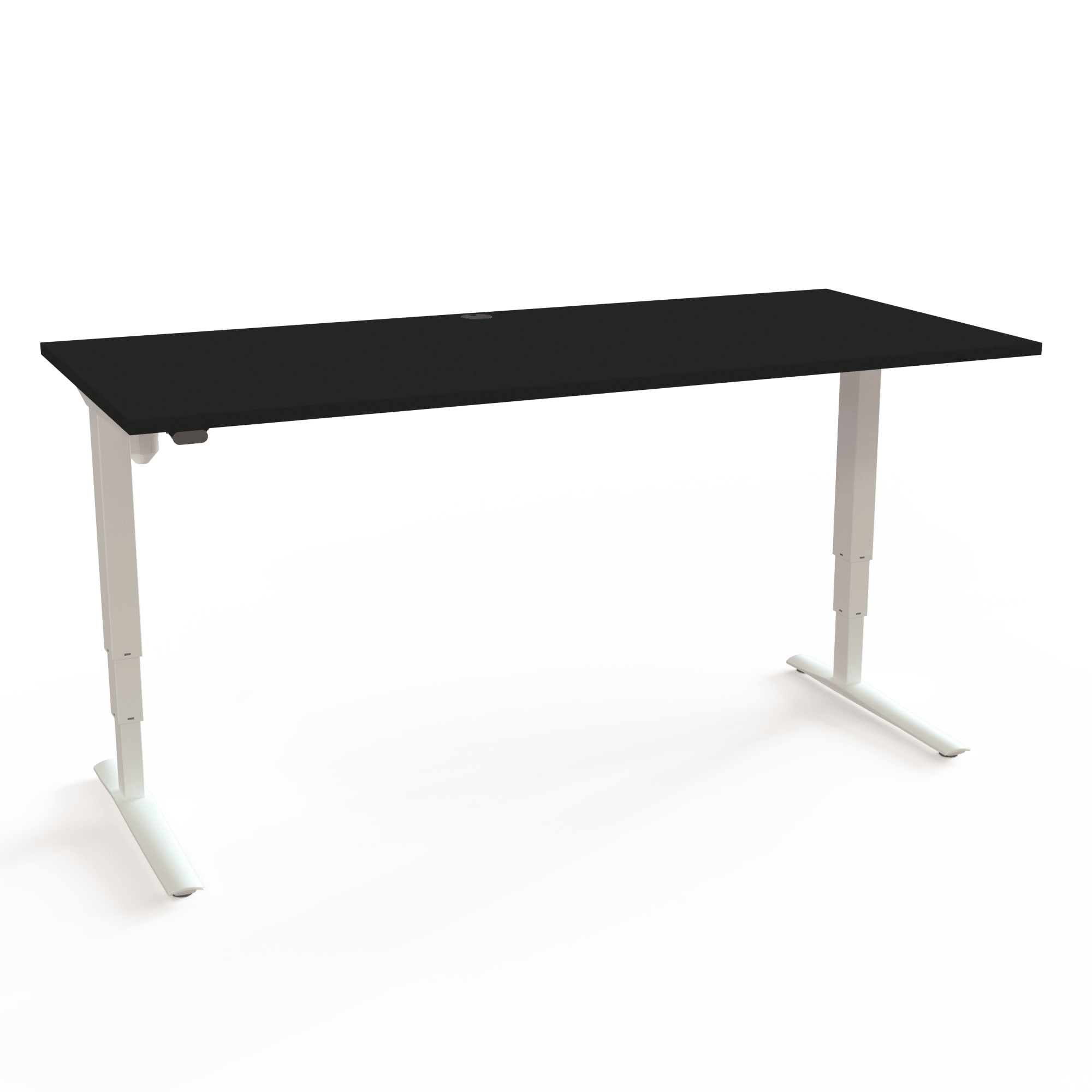 Height-adjustable desk with C-base and recessed columns ensuring maximum legroom, with a black tabletop and white base. The size is 180x80. The height is 62-130cm and the table lifts 100kg.