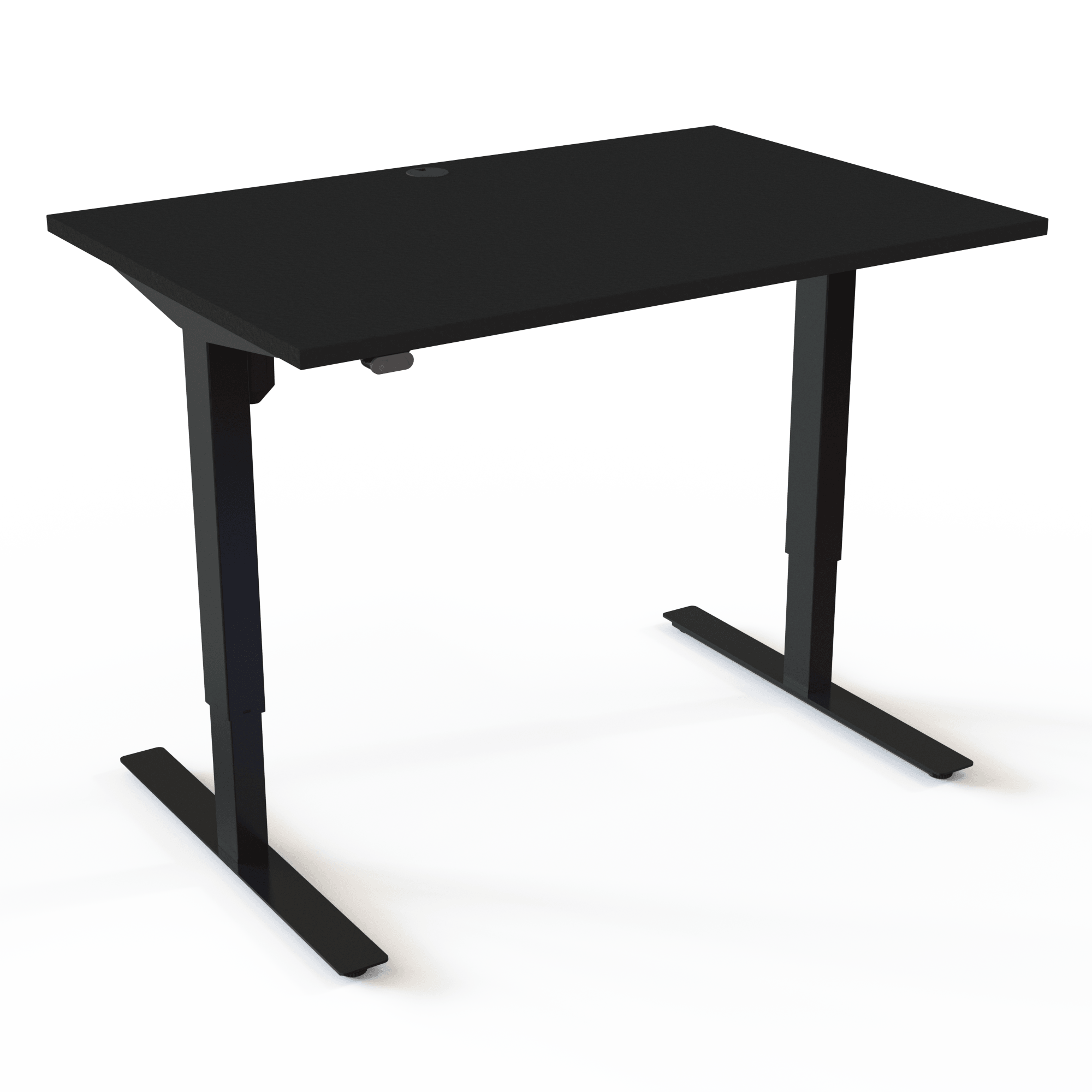 Height-adjustable desk that lifts 150kg, with a black tabletop and black base. The size is 120x80. The height is 68-118cm and the table lifts 150kg.