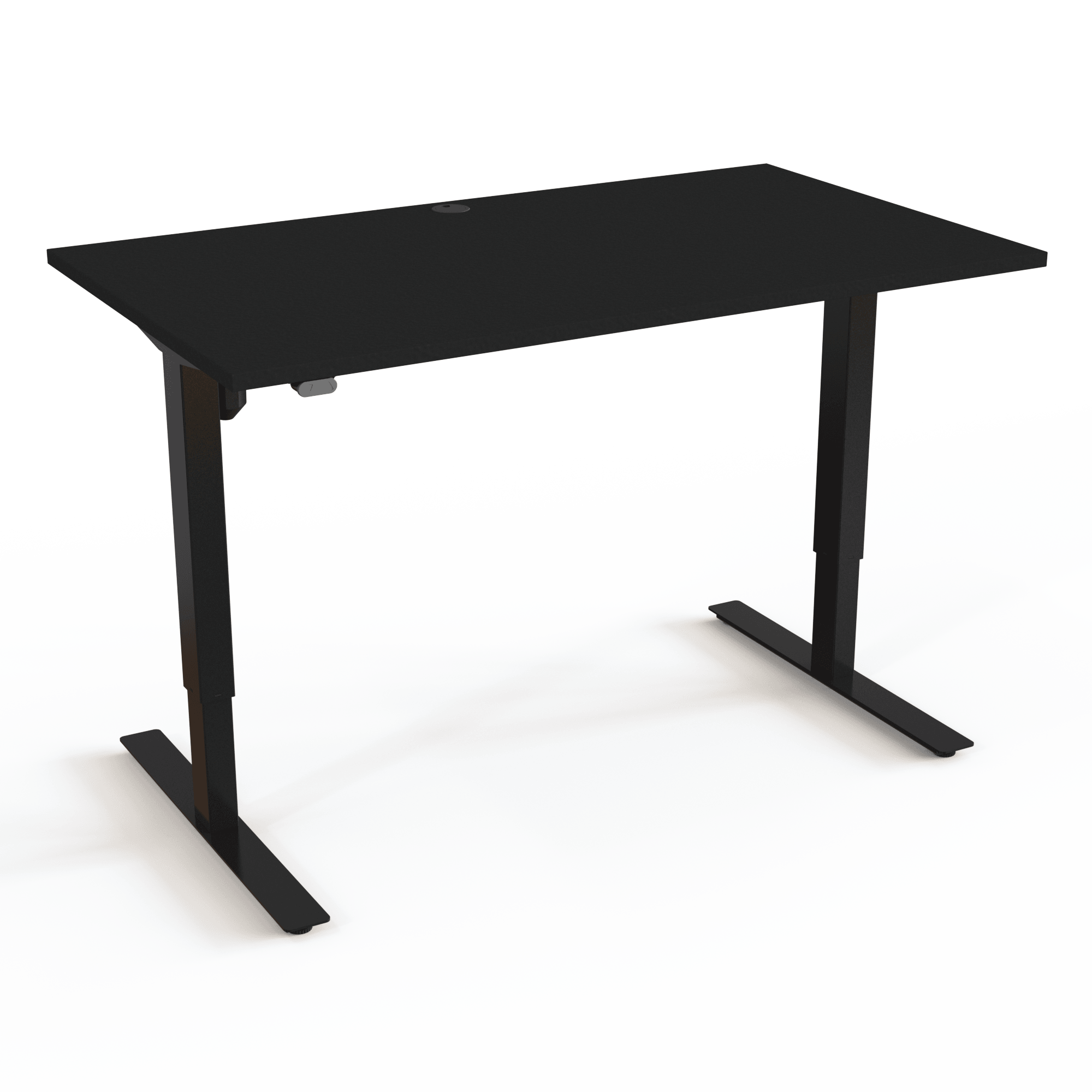 Desk with a symmetrical base, with a black tabletop and black base. The size is 140x80. The height is 68-118cm and the table lifts 150kg.