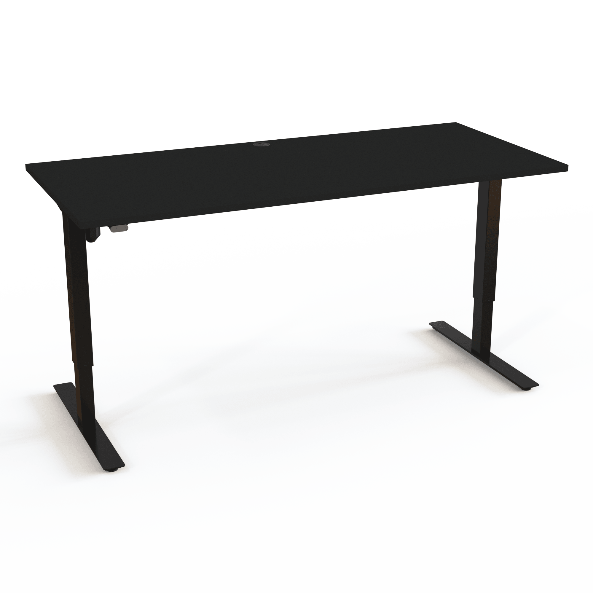 Sit-stand table with straightforward operation, up/down and nothing more, with a black tabletop and black base. The size is 180x80. The height is 68-118cm and the table lifts 150kg.