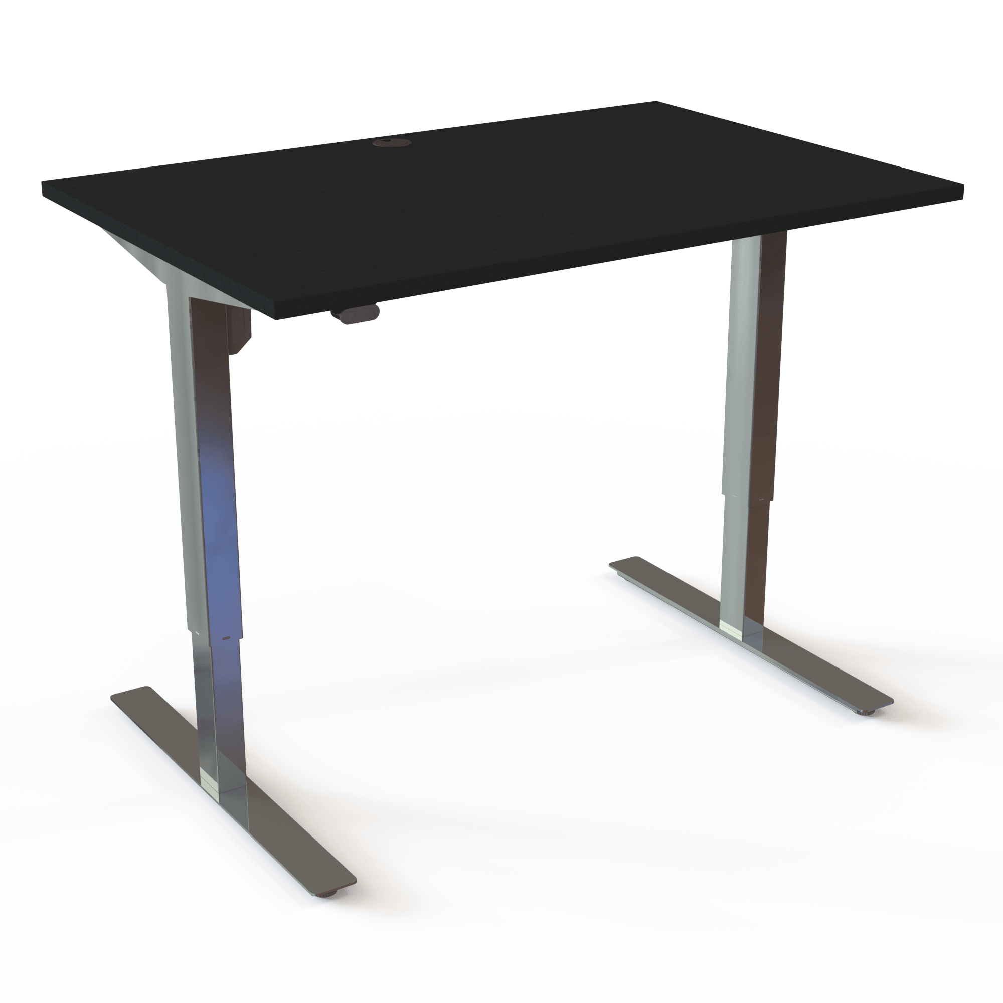 Height-adjustable desk that lifts 150kg, with a black tabletop and chrome frame. The size is 120x80. The height is 68-118cm and the table lifts 150kg.