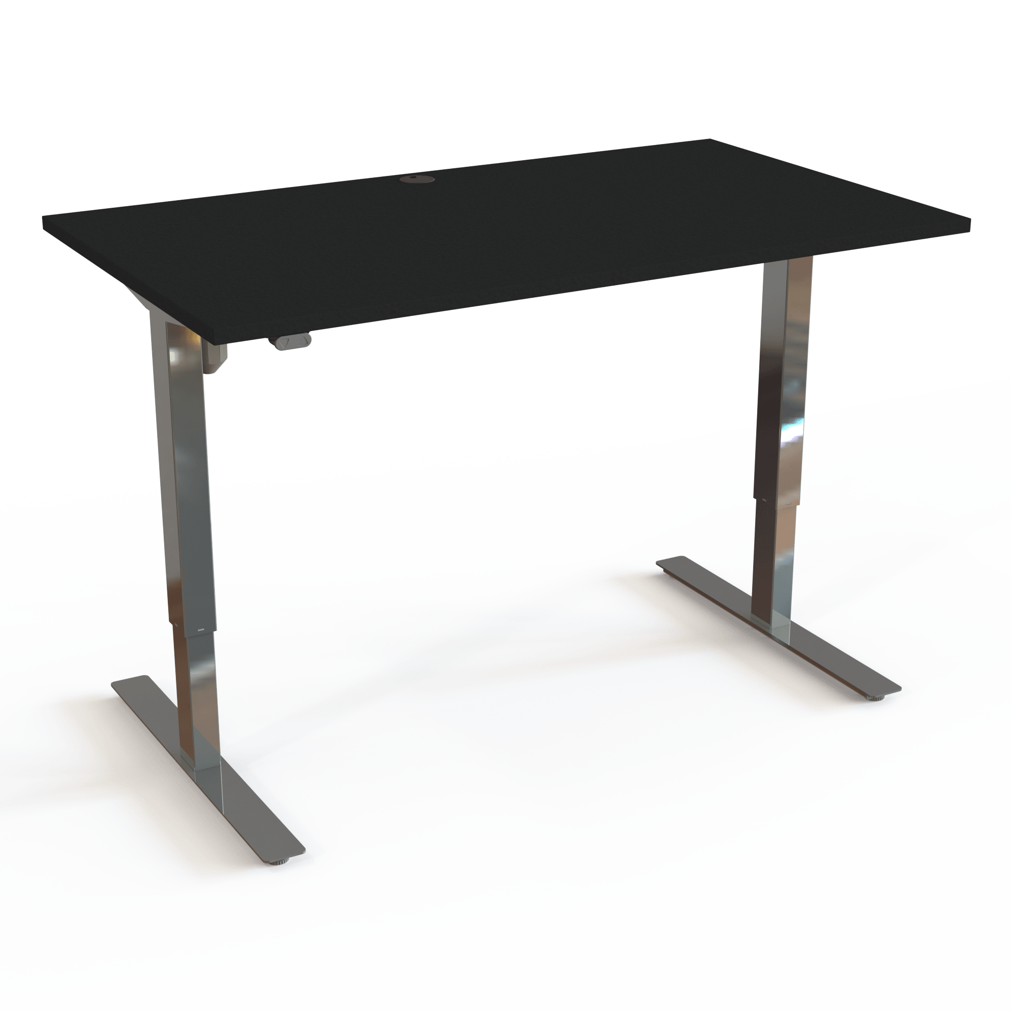 Sit-stand table with straightforward operation, up/down and nothing more, with a black tabletop and chrome frame. The size is 140x80. The height is 68-118cm and the table lifts 150kg.