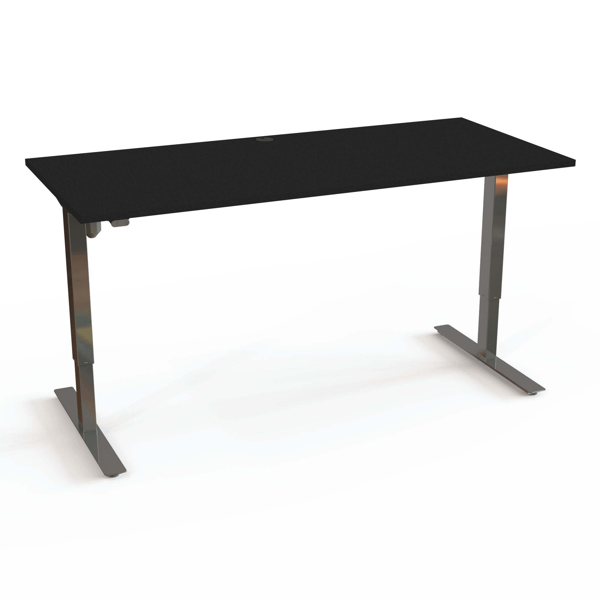 Desk with T-base, with a black tabletop and chrome frame. The size is 180x80. The height is 68-118cm and the table lifts 150kg.