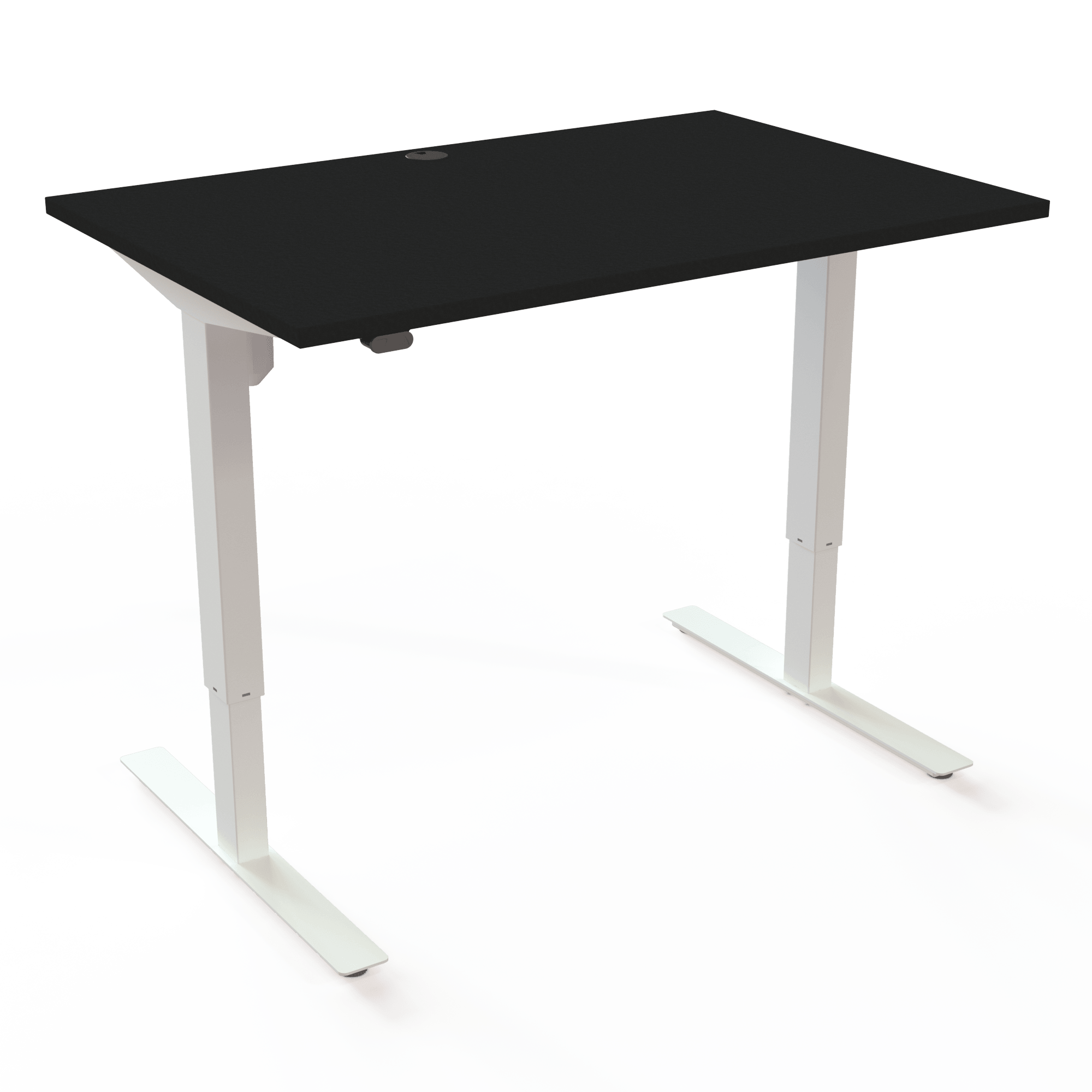 Desk with T-base, with a black tabletop and white base. The size is 120x80. The height is 68-118cm and the table lifts 150kg.