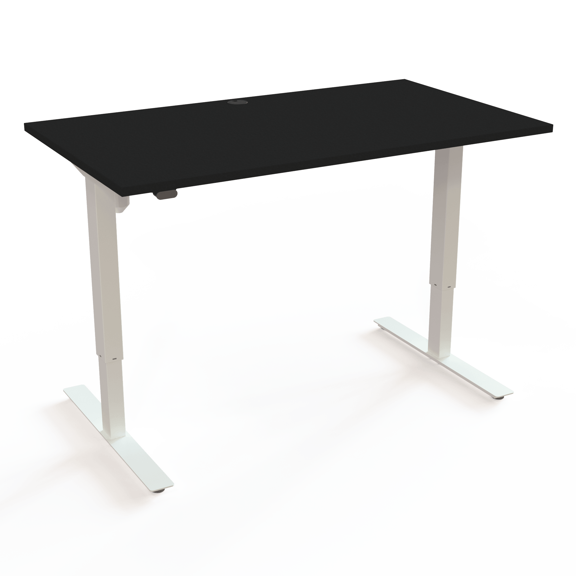 Sit-stand table with straightforward operation, up/down and nothing more, with a black tabletop and white base. The size is 140x80. The height is 68-118cm and the table lifts 150kg.