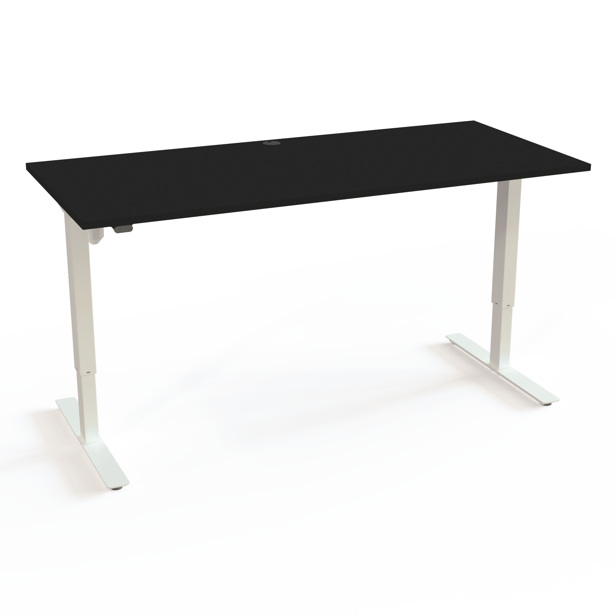 Desk with a symmetrical base, with a black tabletop and white base. The size is 180x80. The height is 68-118cm and the table lifts 150kg.