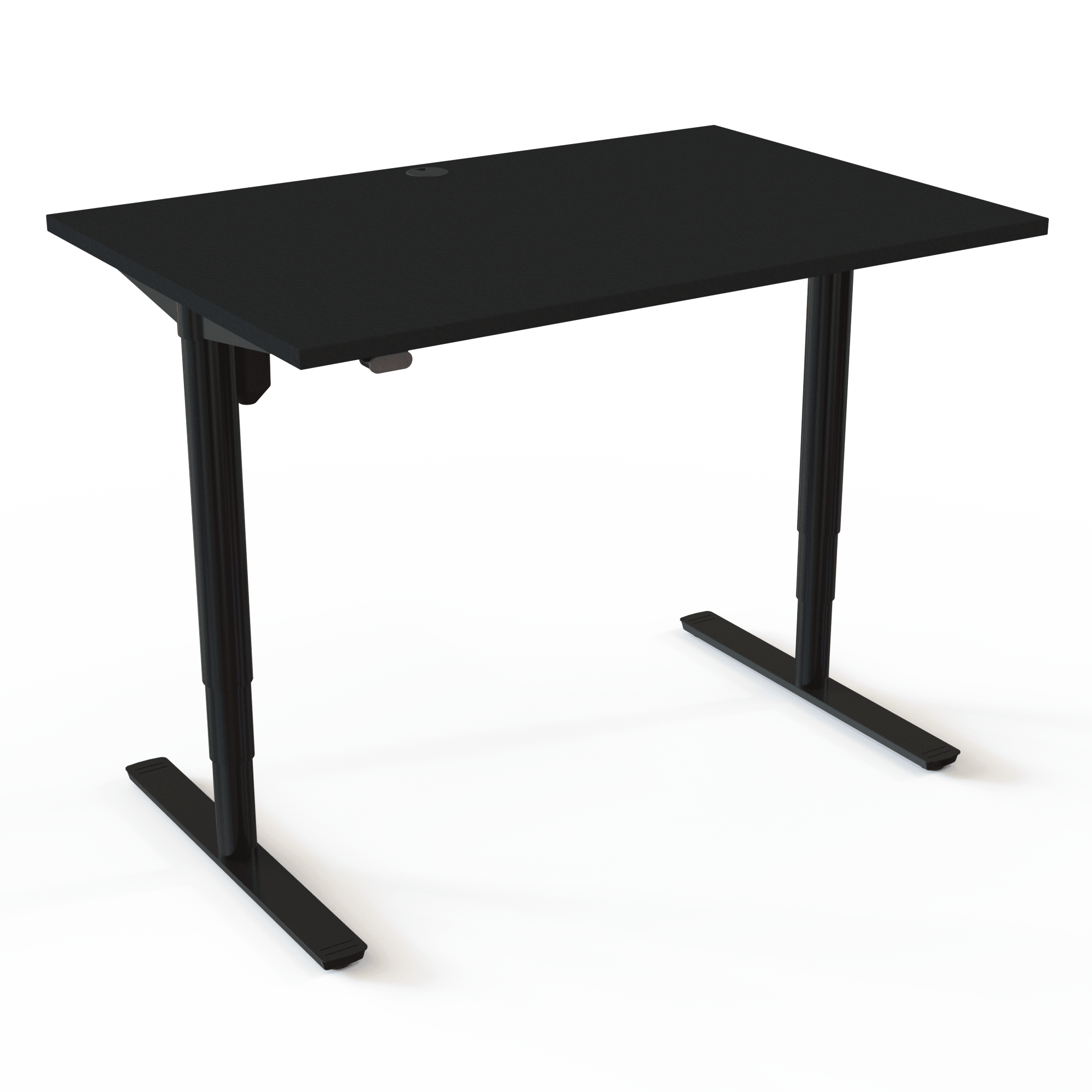 The height-adjustable desk with cylindrical columns is characterized by being quick to assemble, with a black tabletop and black base. The size is 120x80. The height is 65-125cm and the table lifts 100kg.