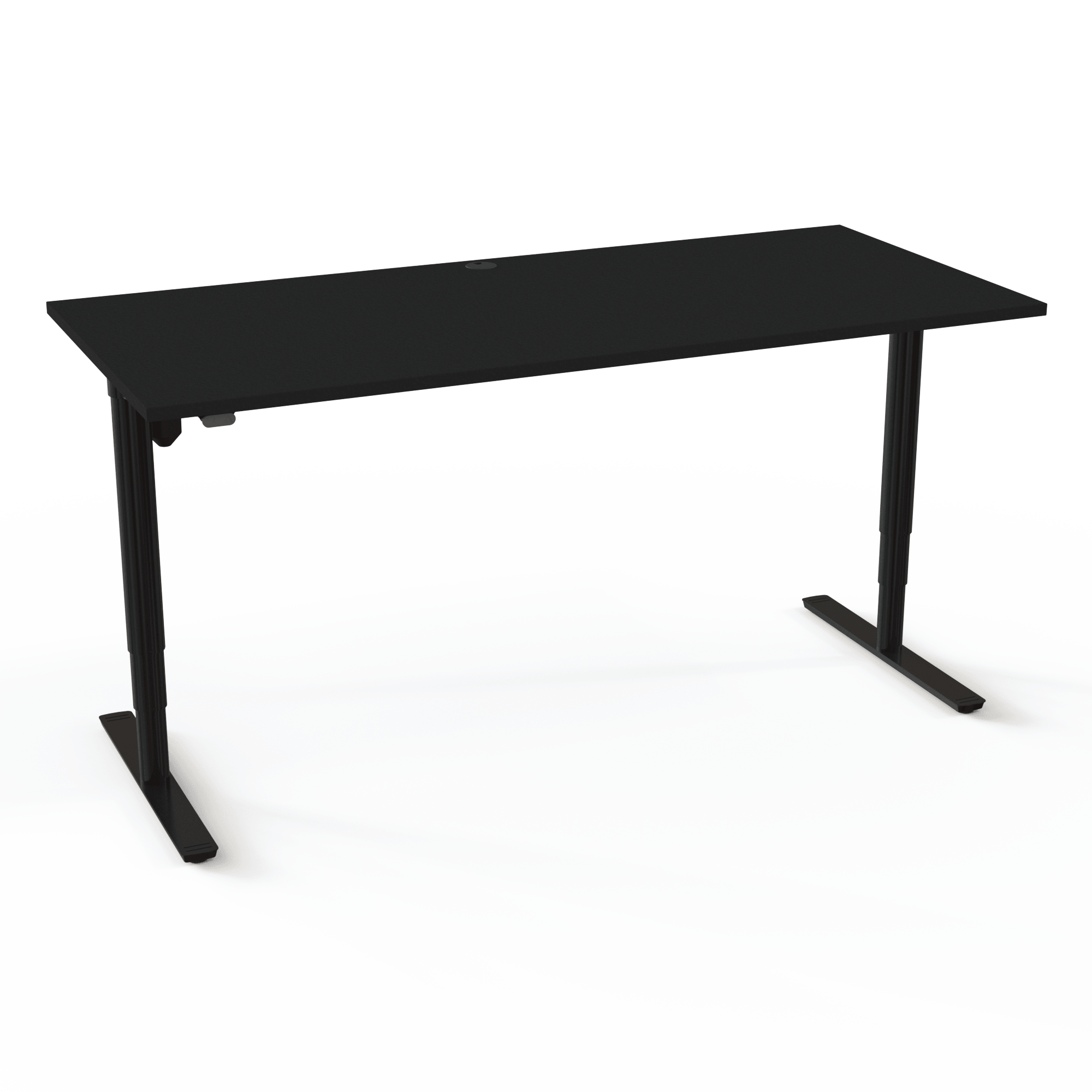 The adjustable desk with cylindrical columns has a timeless and soft look, with a black tabletop and black base. The size is 180x80. The height is 65-125cm and the table lifts 100kg.