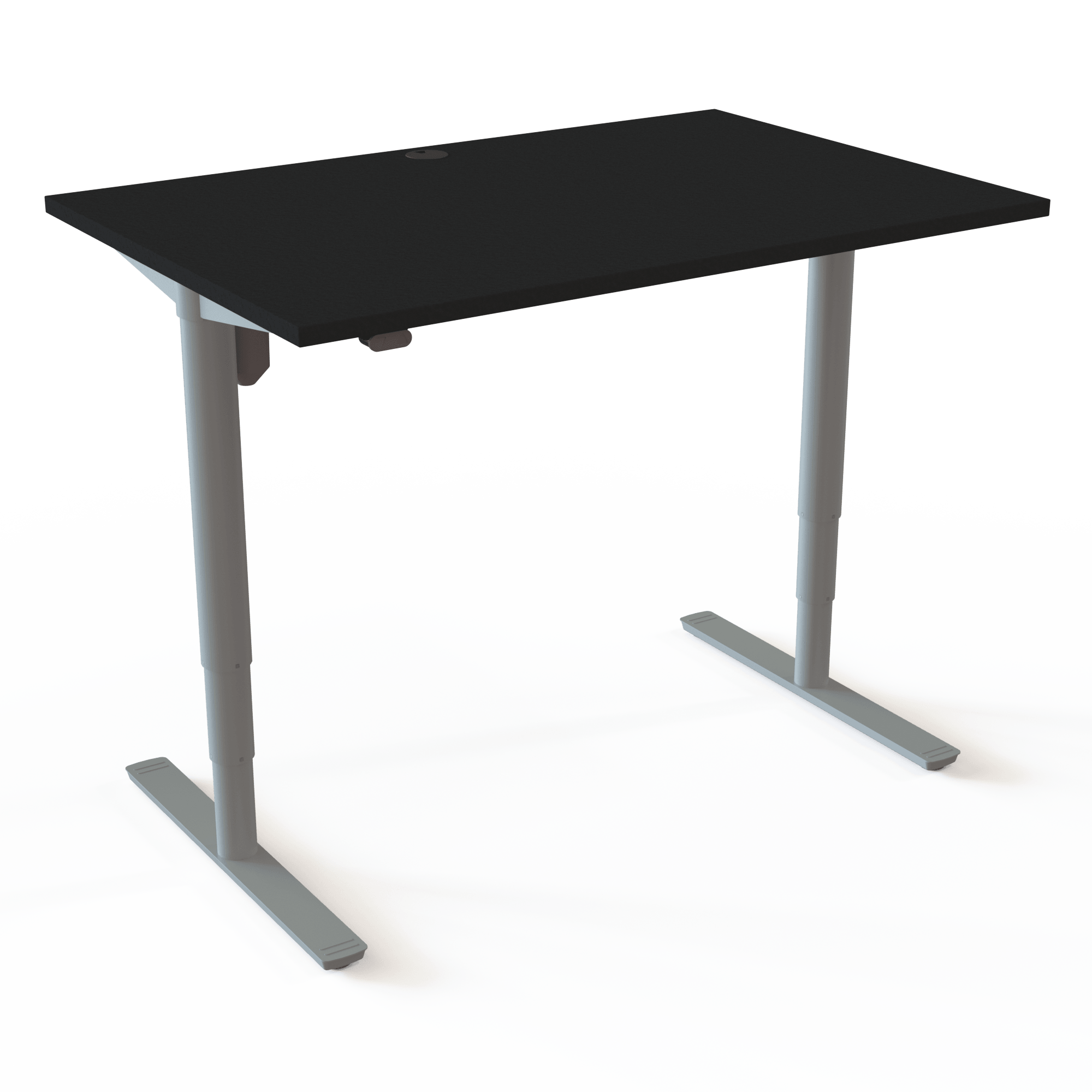 The height-adjustable desk with cylindrical columns has a unique and characteristic foot, with a black tabletop and silver base. The size is 120x80. The height is 65-125cm and the table lifts 100kg.