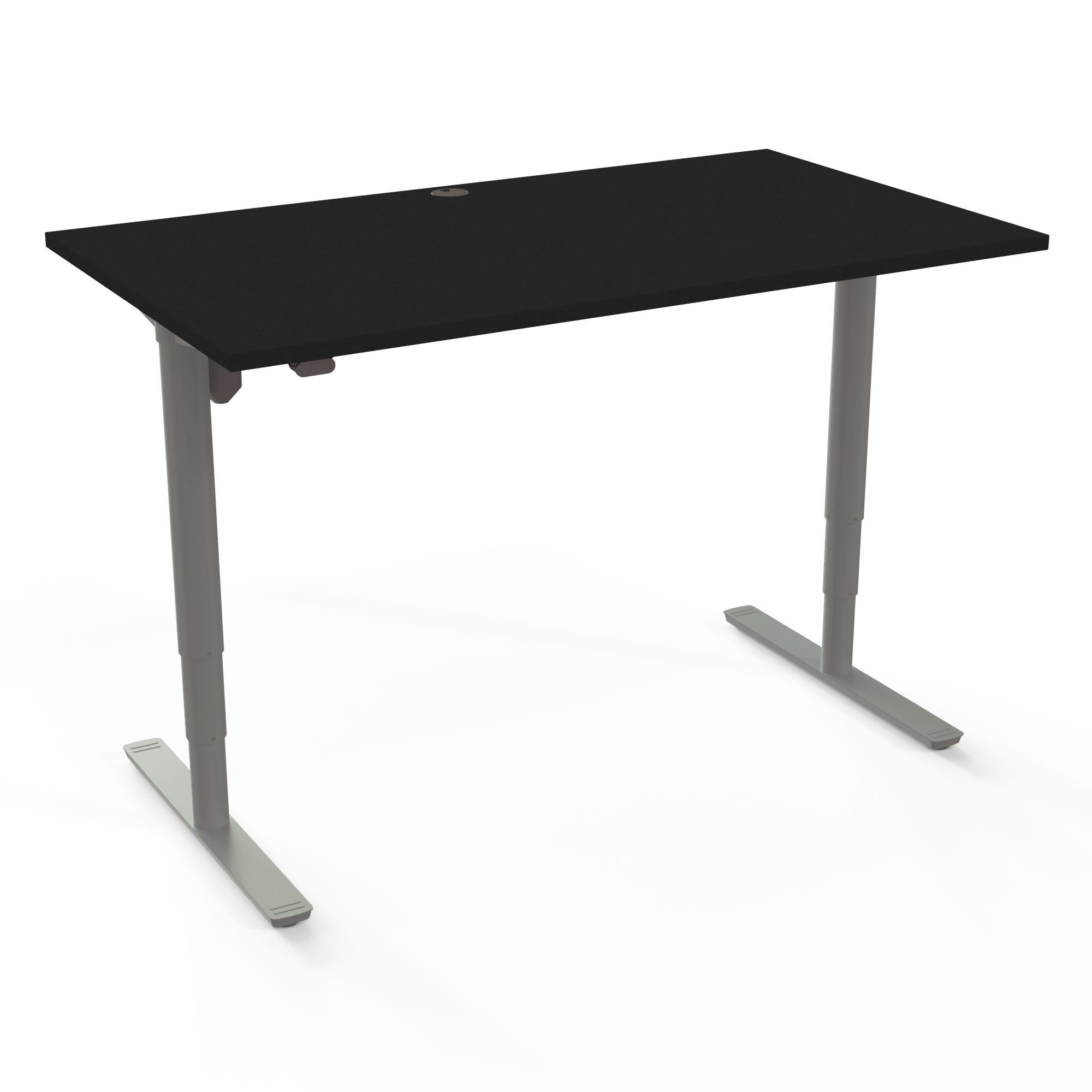 The height-adjustable desk with cylindrical columns ensures good height adjustment, with a black tabletop and silver base. The size is 140x80. The height is 65-125cm and the table lifts 100kg.