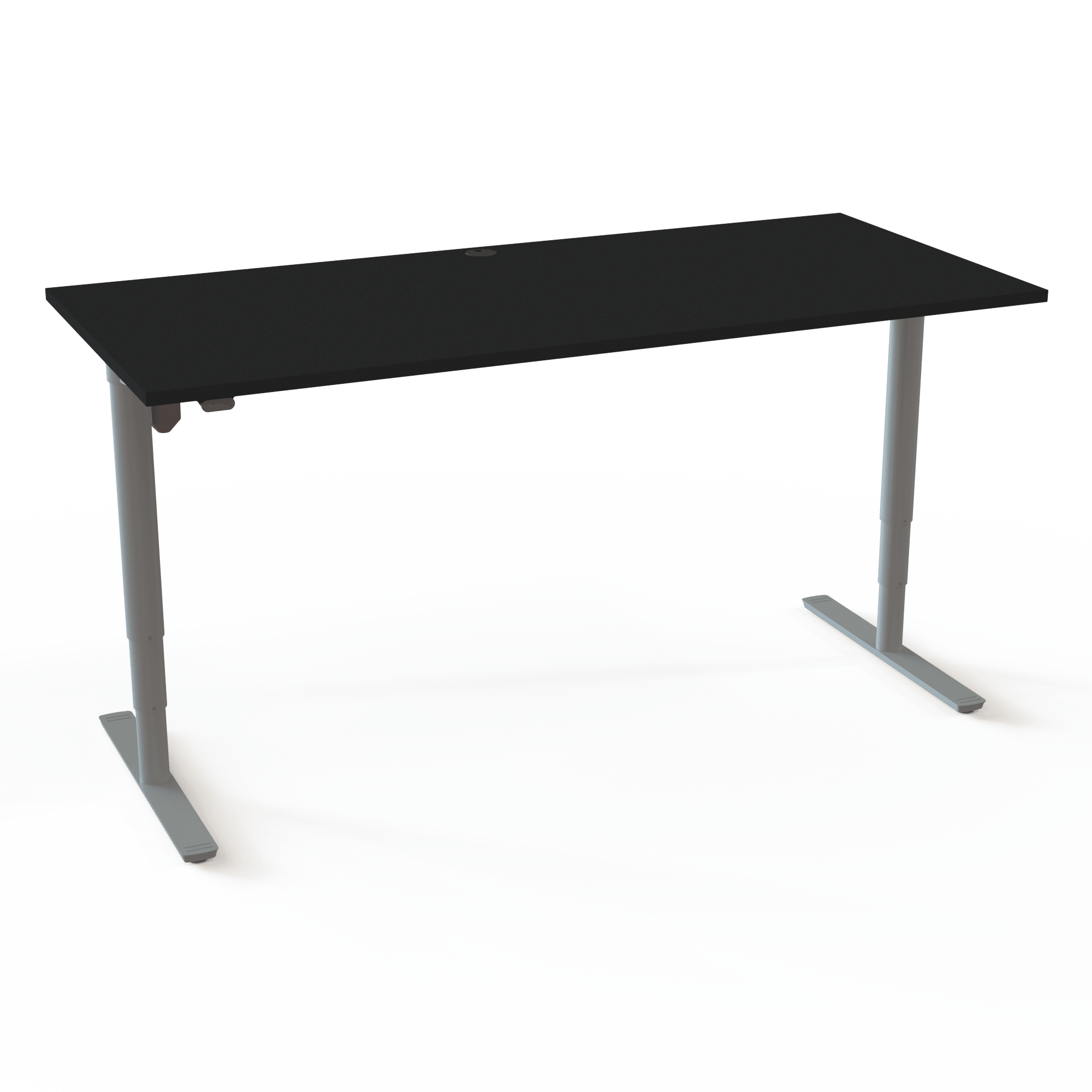 The height-adjustable desk with cylindrical columns is characterized by being quick to assemble, with a black tabletop and silver base. The size is 180x80. The height is 65-125cm and the table lifts 100kg.