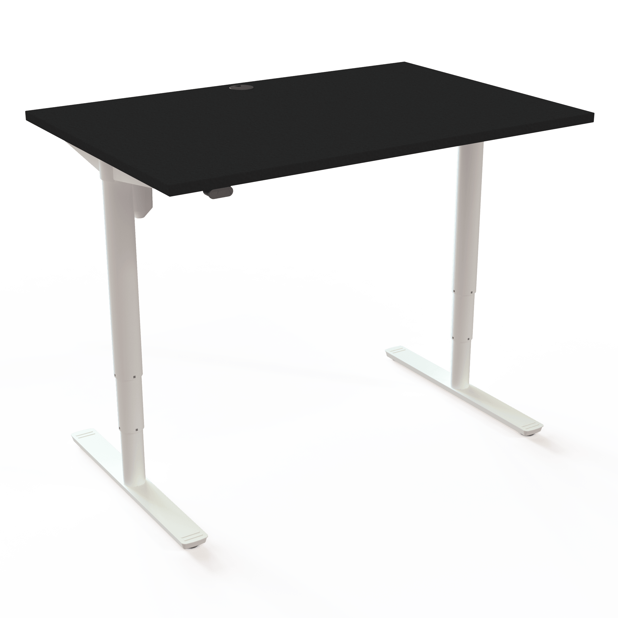 The height-adjustable desk with round columns has a symmetrical design, with a black tabletop and white base. The size is 120x80. The height is 65-125cm and the table lifts 100kg.