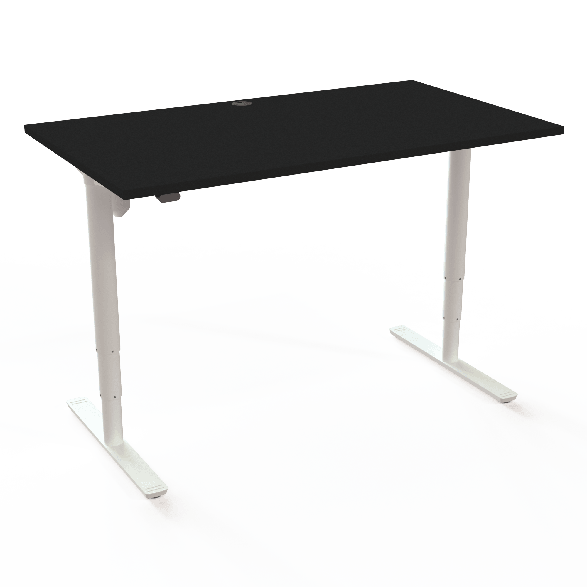 This height-adjustable desk with cylindrical columns has great lifting capacity, with a black tabletop and white base. The size is 140x80. The height is 65-125cm and the table lifts 100kg.