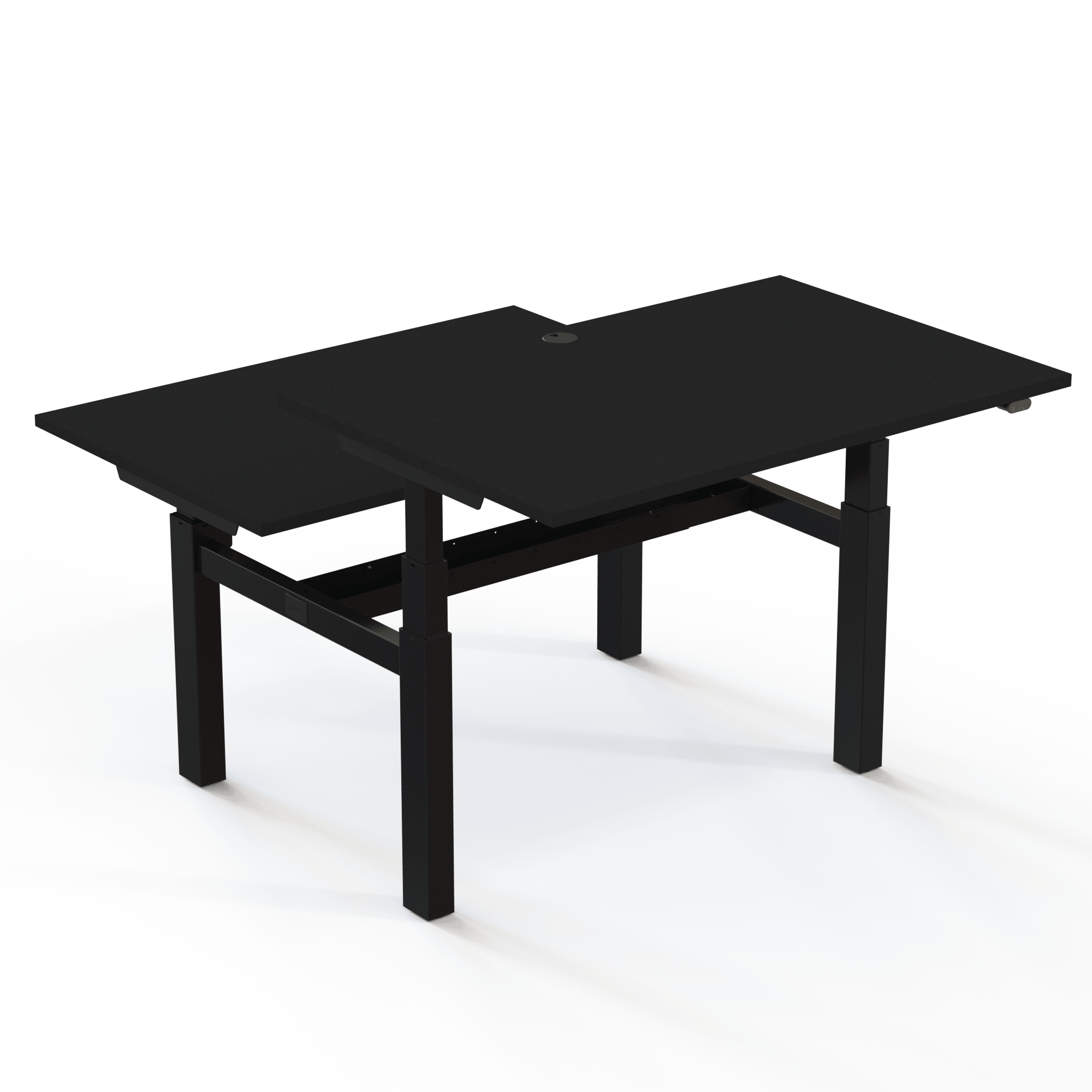 2-person height-adjustable desk with a black tabletop and black base. The size is (2x)120x80. The height is 65-125cm and the desk lifts 2x100 kg.