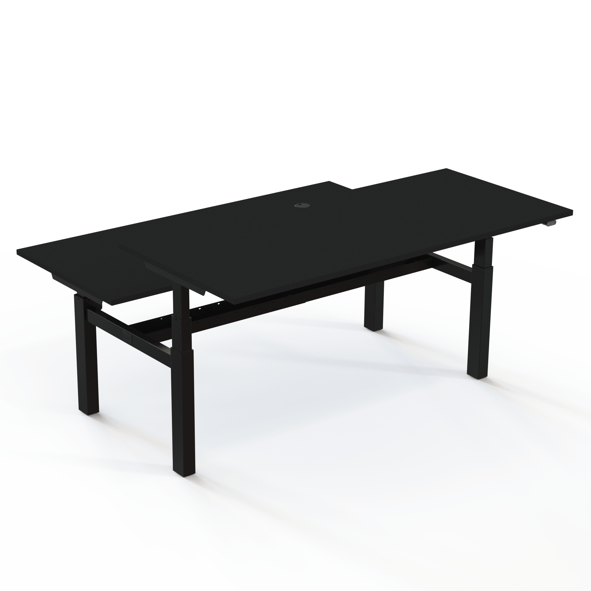 Double desk with a black tabletop and black base. The size is (2x)180x80. The height is 65-125cm and the table lifts 2x100 kg.