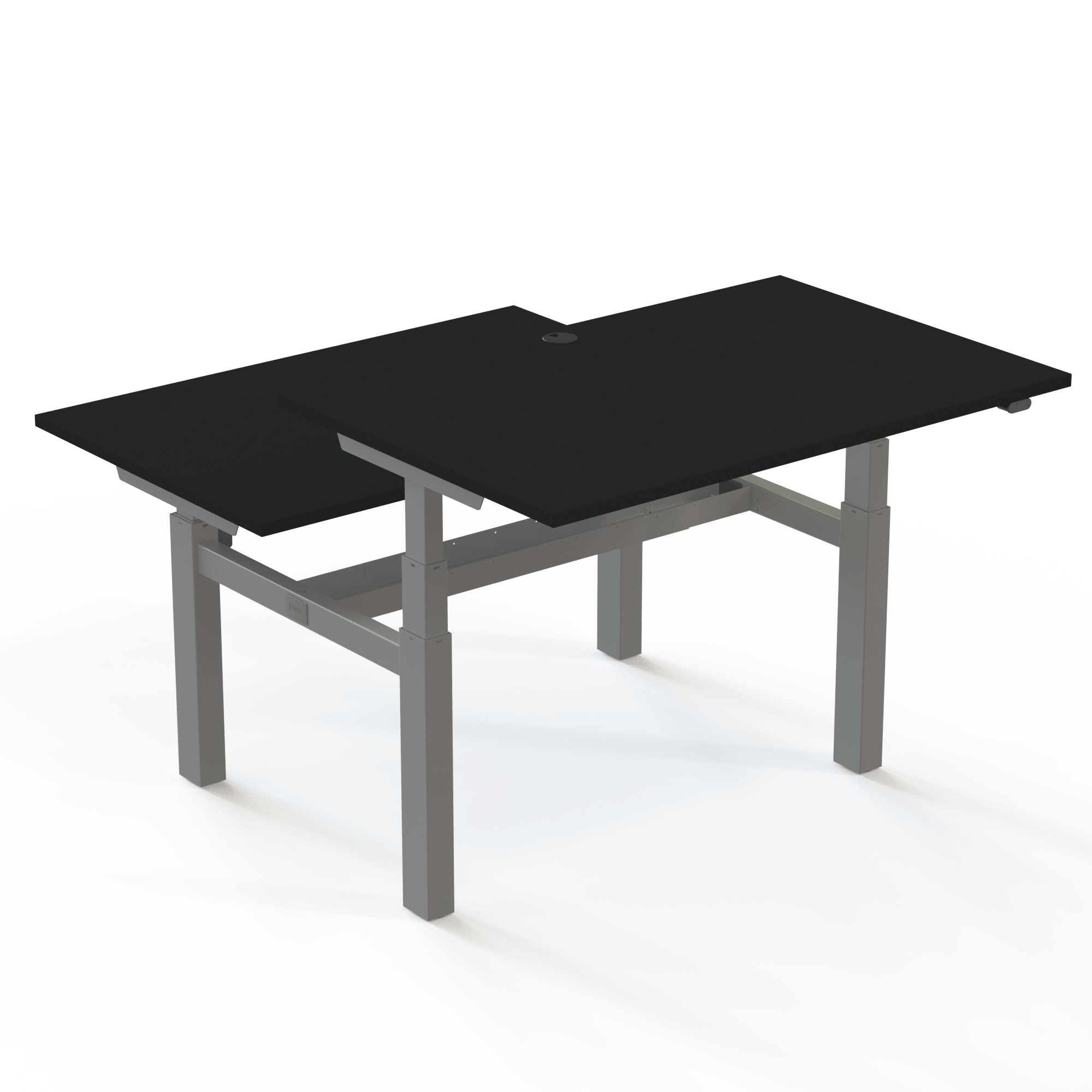 Double desk with a black tabletop and silver base. The size is (2x)120x80. The height is 65-125cm and the desk lifts 2x100 kg.