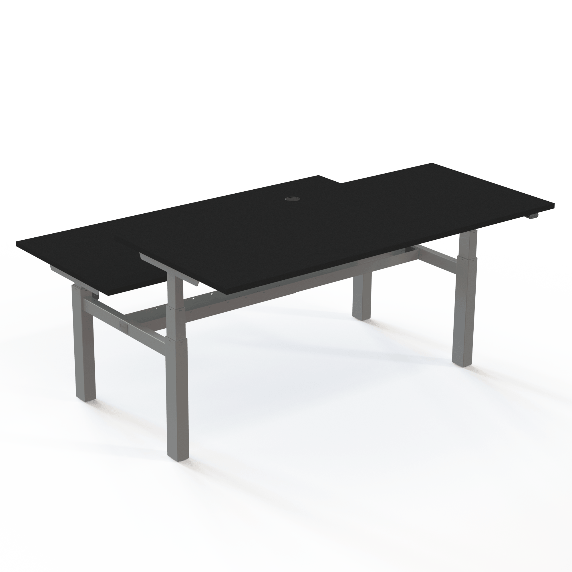 Twin desk with a black tabletop and silver base. The size is (2x)180x80. The height is 65-125cm and the table lifts 2x100 kg.