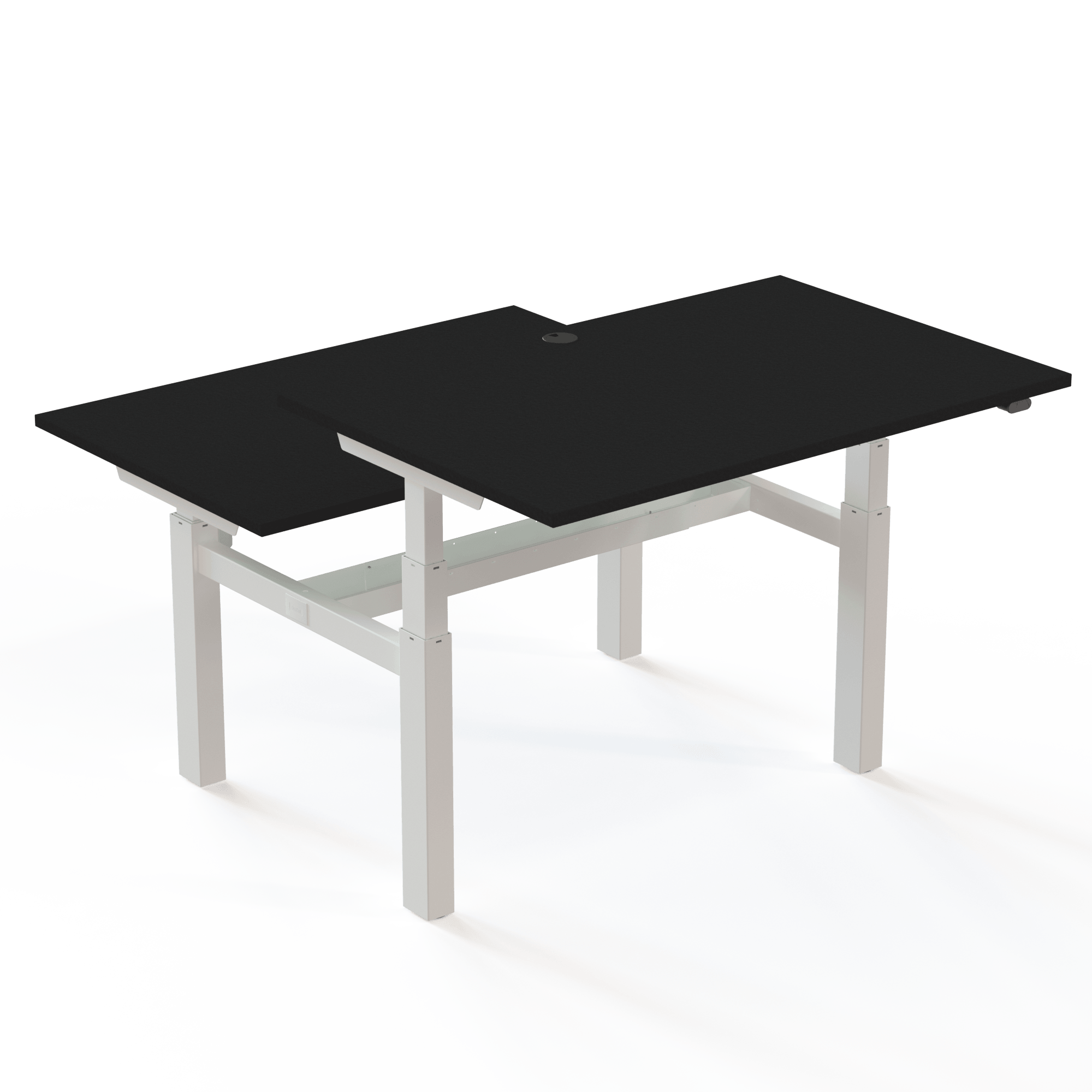 Twin desk with a black tabletop and white base. The size is (2x)120x80. The height is 65-125cm and the desk lifts 2x100 kg.