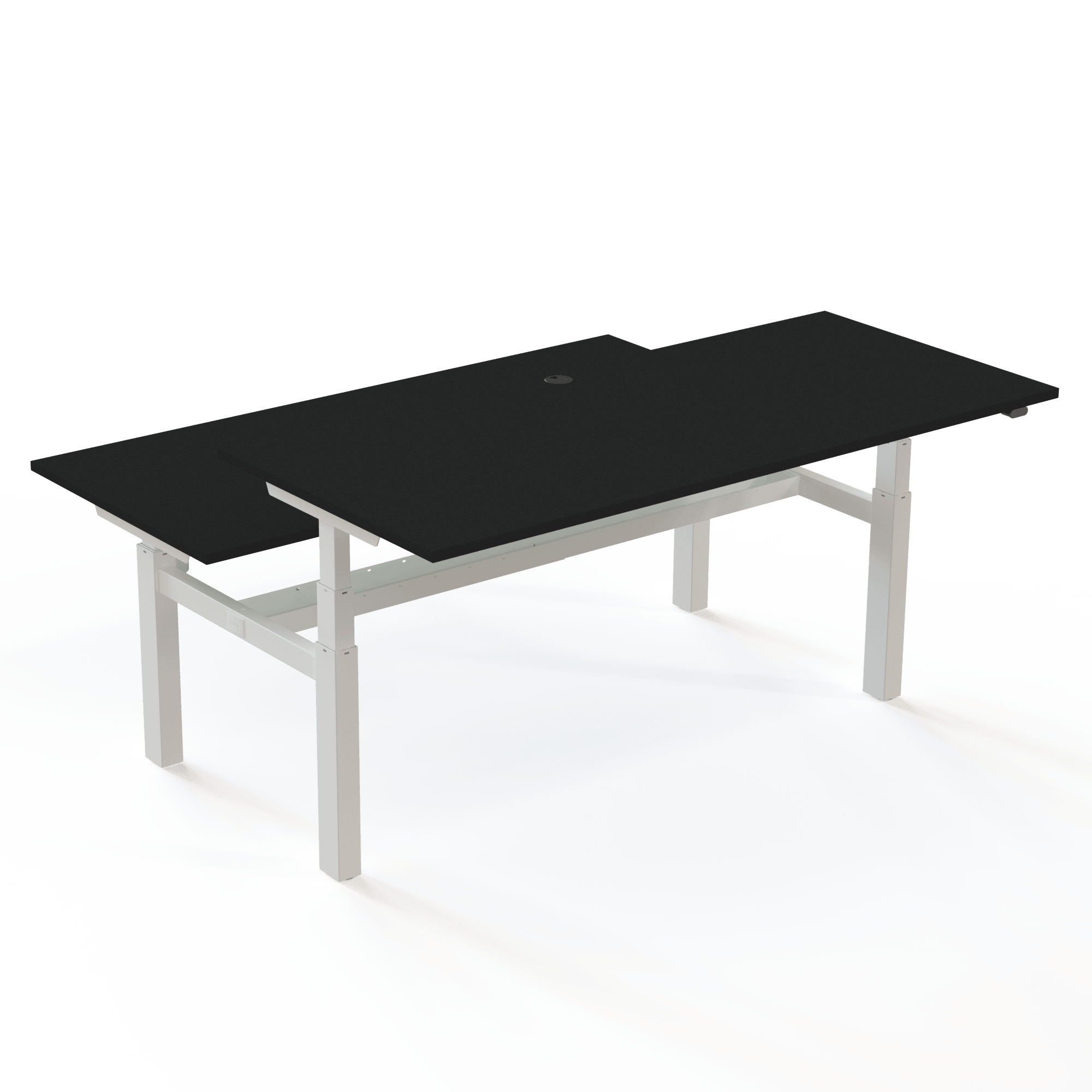Double desk with a black tabletop and white base. The size is (2x)180x80. The height is 65-125cm and the table lifts 2x100 kg.
