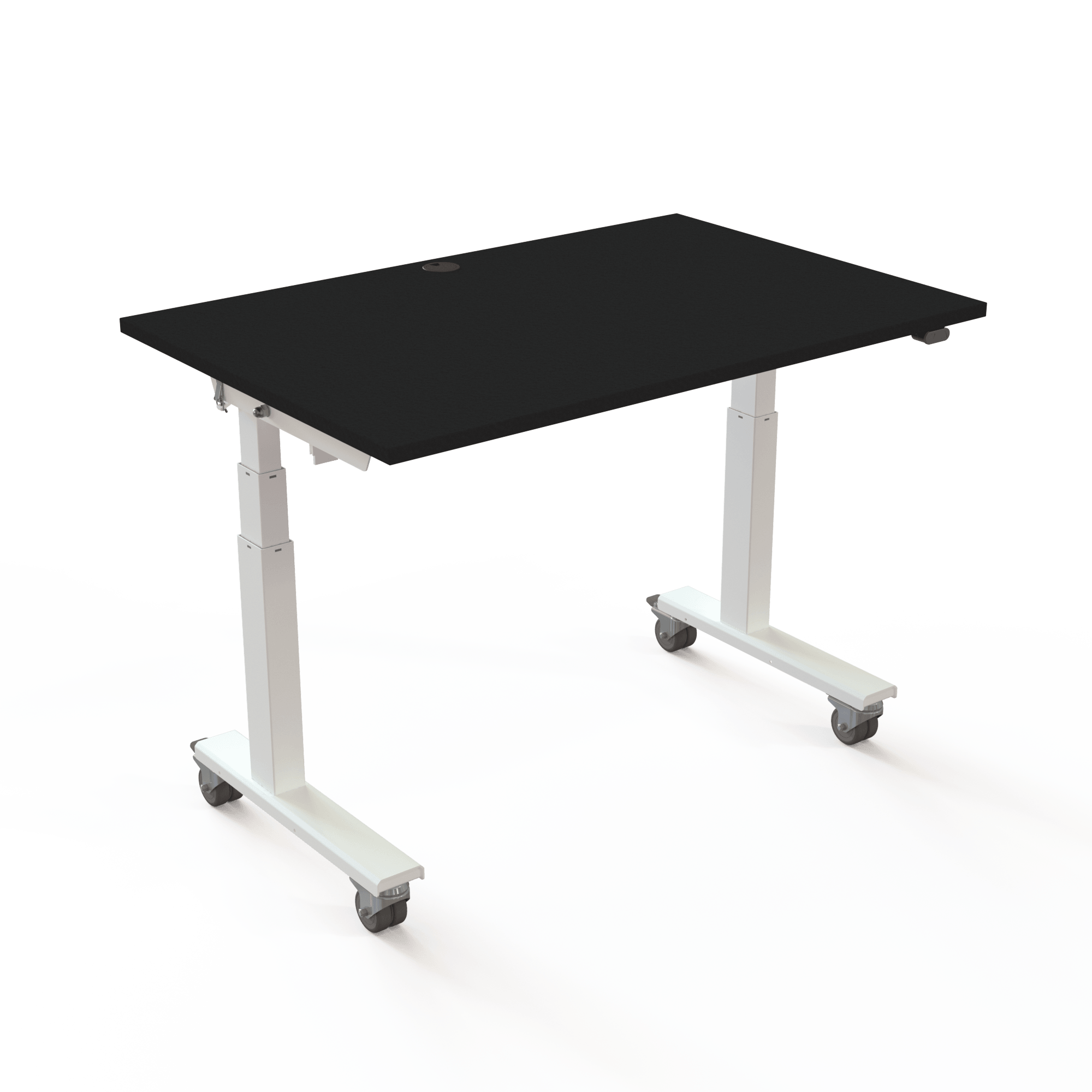 Height-adjustable desk with flip-top and nesting function on wheels measuring 120x80cm. Black tabletop and white frame. Lifts 100kg.