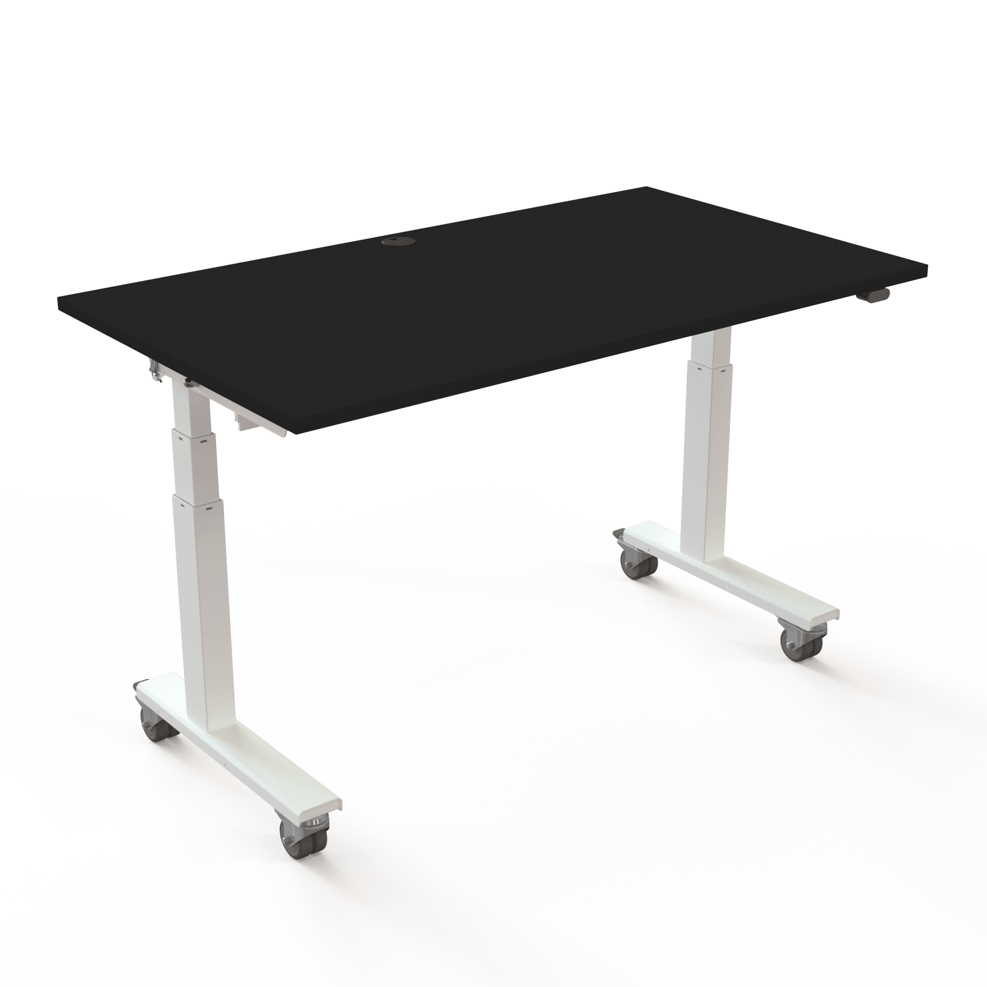The ergonomic table measuring 140x80cm. Black tabletop and white frame. Lifts 100kg. The top can be folded up and the tables nested into each other.