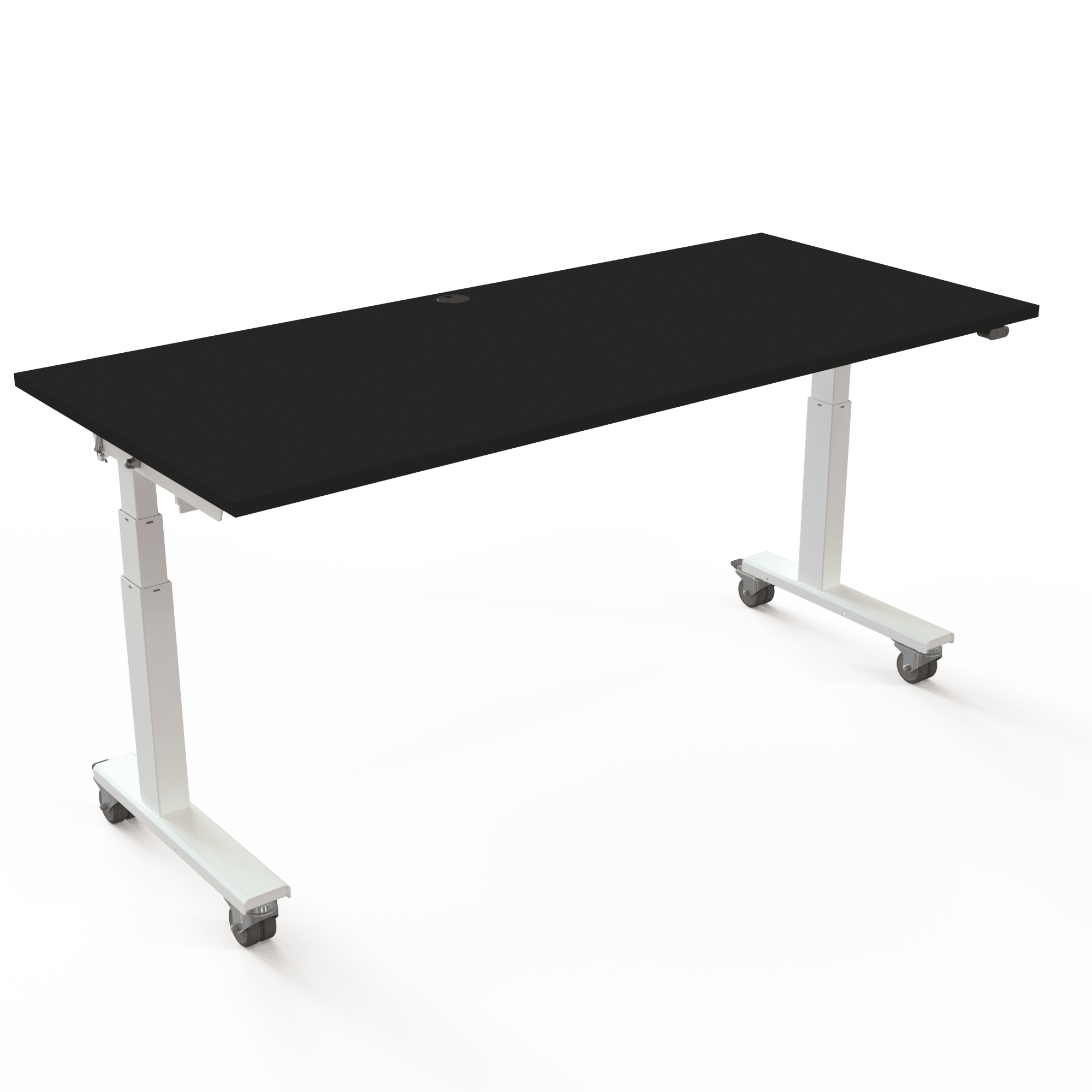 Are the desks in the way? Ours have wheels and can be pushed together, 180x80cm. Black tabletop and white frame. Lifts 100kg.