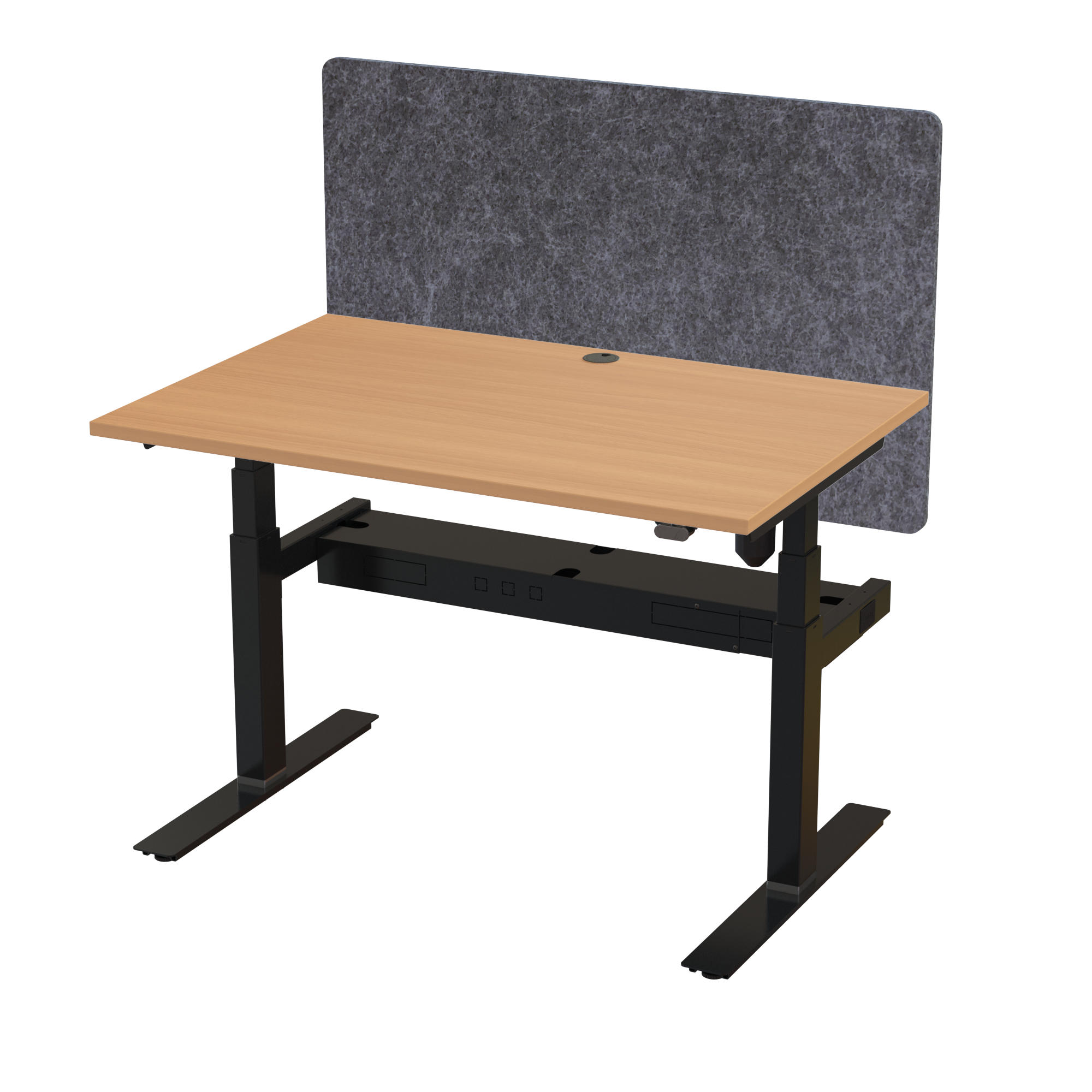 Ergonomic T-leg desk (120x80 cm) with a beech melamine tabletop, acoustic screen, cable tray and memory controller on a black 408-35 desk frame