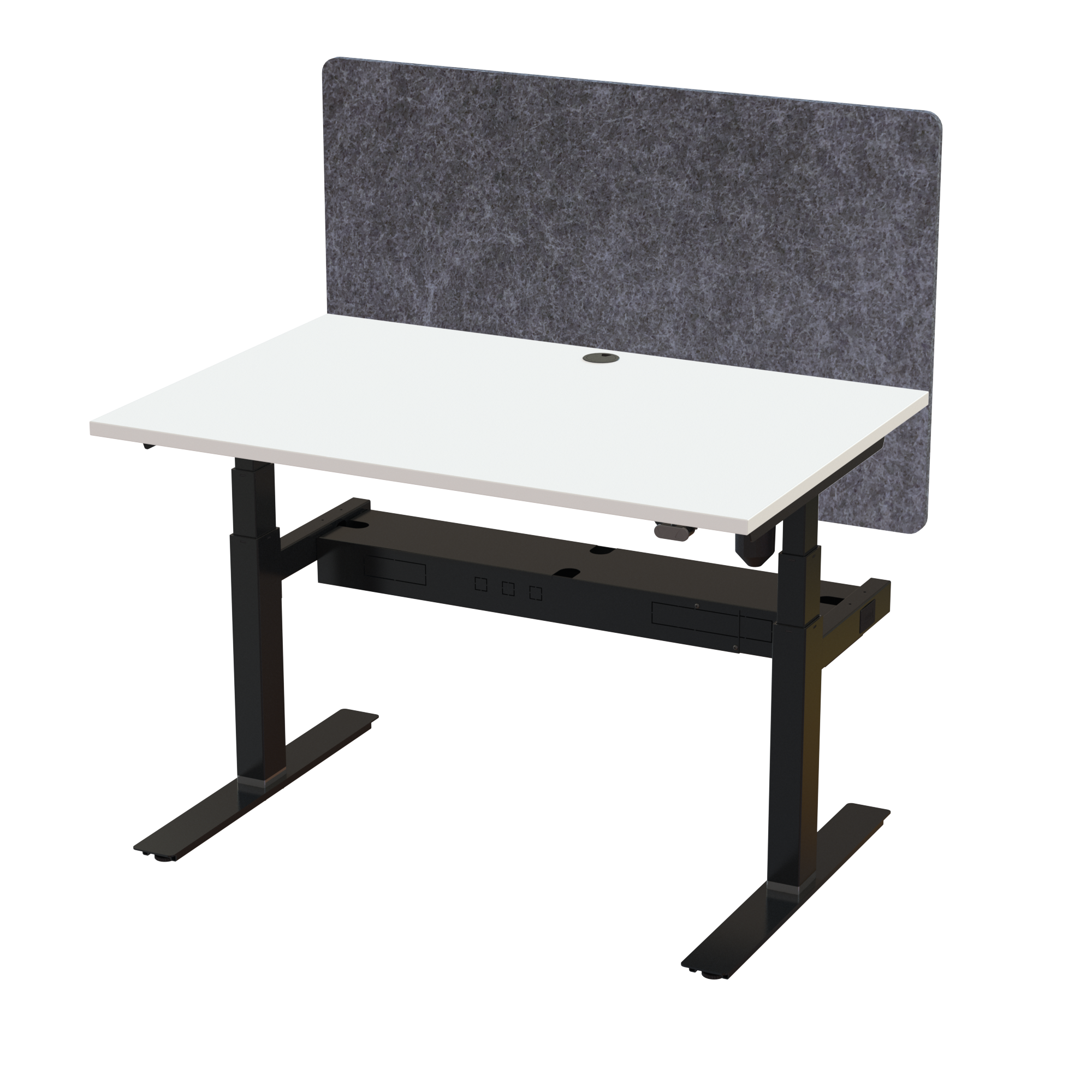 Ergonomic frame desk (120x80 cm) with a walnut melamine tabletop, acoustic screen, cable tray and memory controller on a black 408-35 desk frame